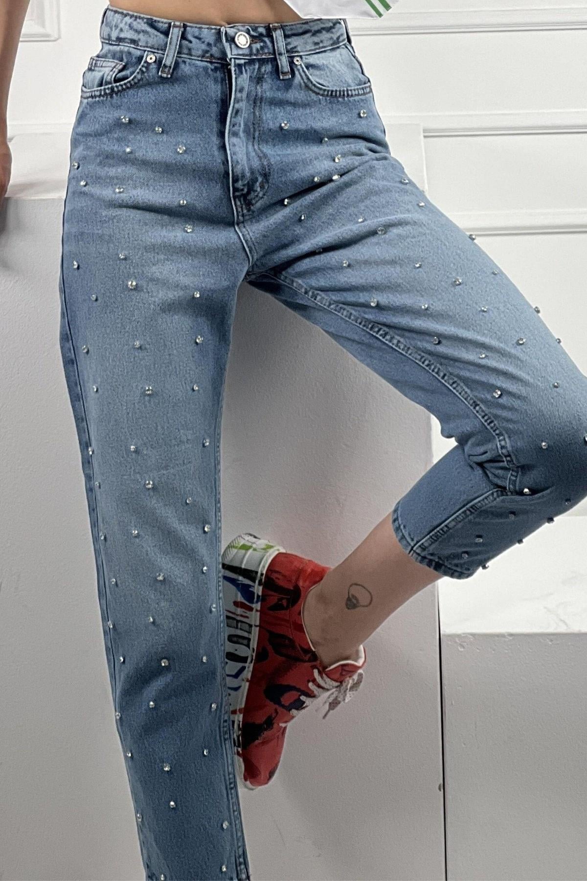 Kadın Mavi Mom Jeans Taş Çakım Detaylı  Denim Pantolon  % 100 Cotton 72738M2-72738M-234