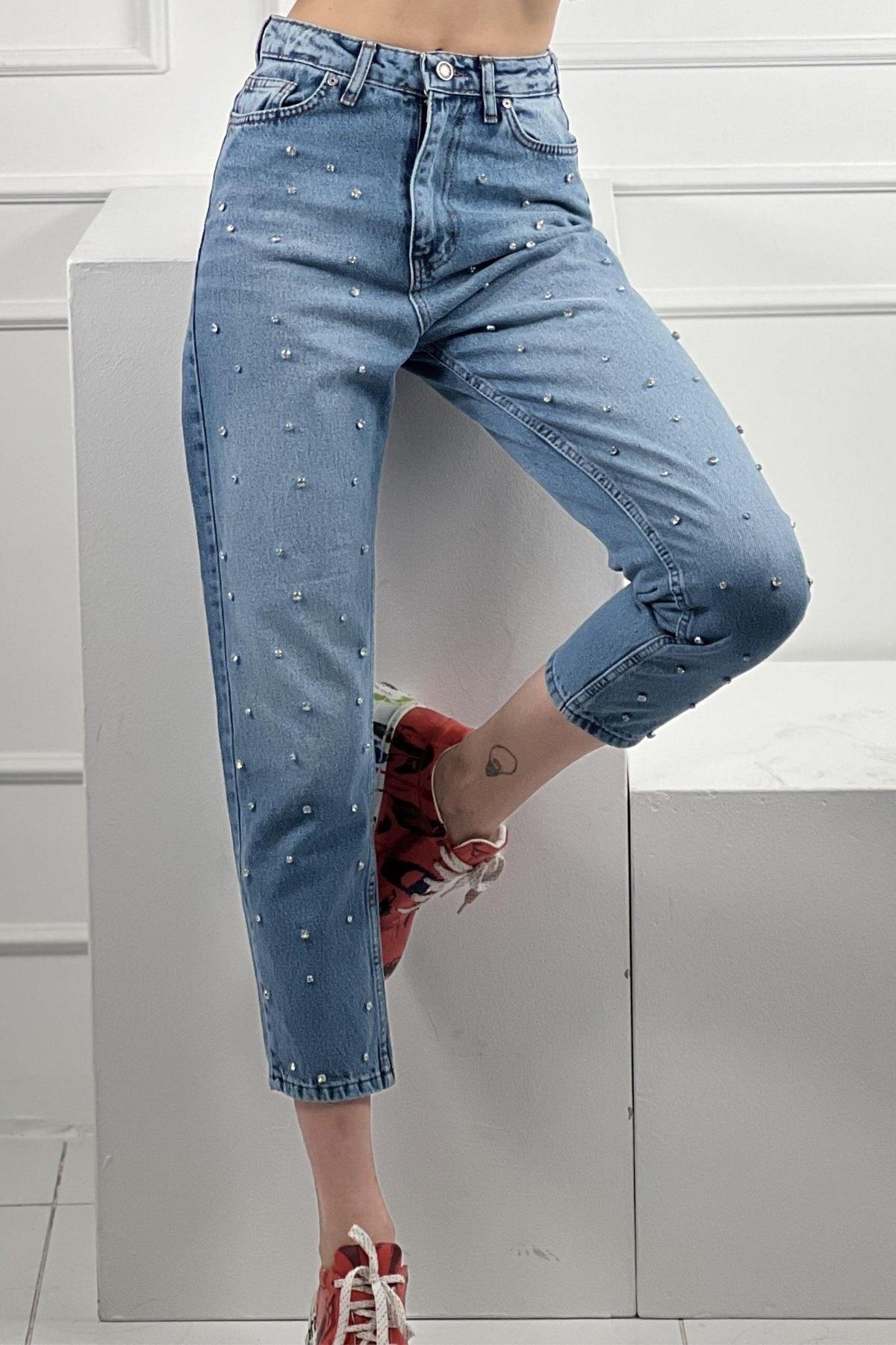 Kadın Mavi Mom Jeans Taş Çakım Detaylı  Denim Pantolon  % 100 Cotton 72738M2-72738M-234