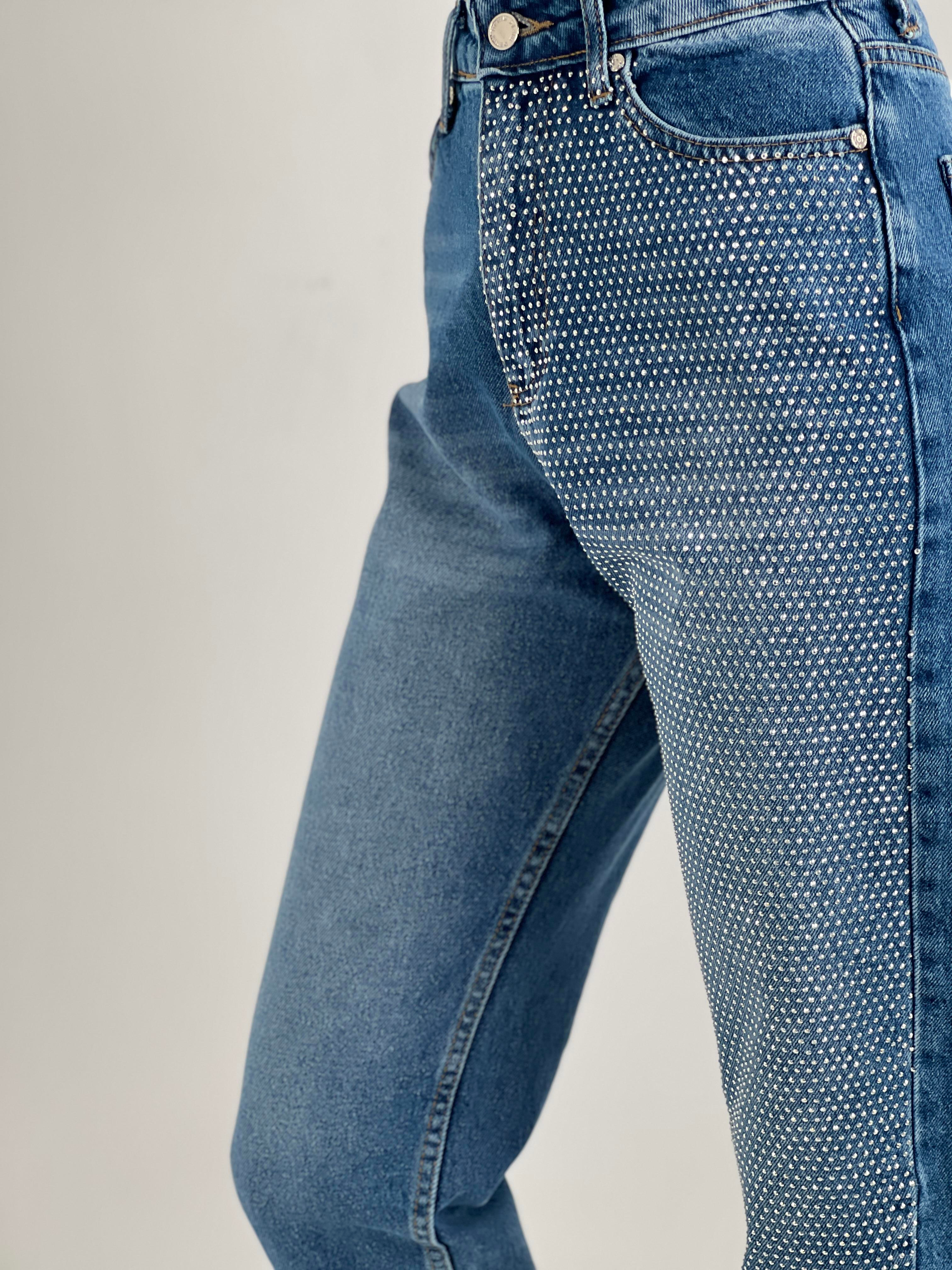 Kadın Mavi Tek Bacak Taş İşlemeli Mom Jean-72738O-5