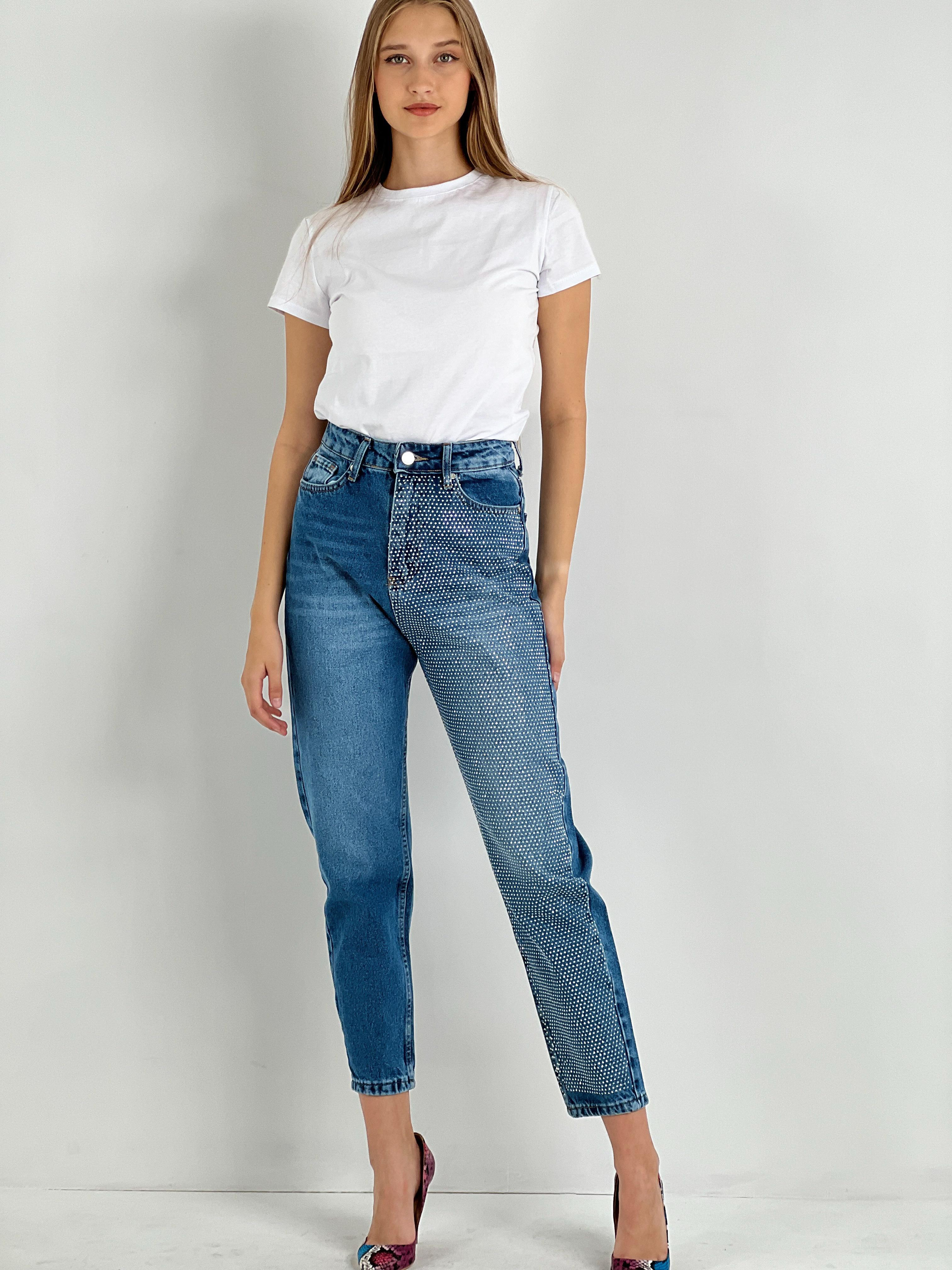 Kadın Mavi Tek Bacak Taş İşlemeli Mom Jean-72738O-5