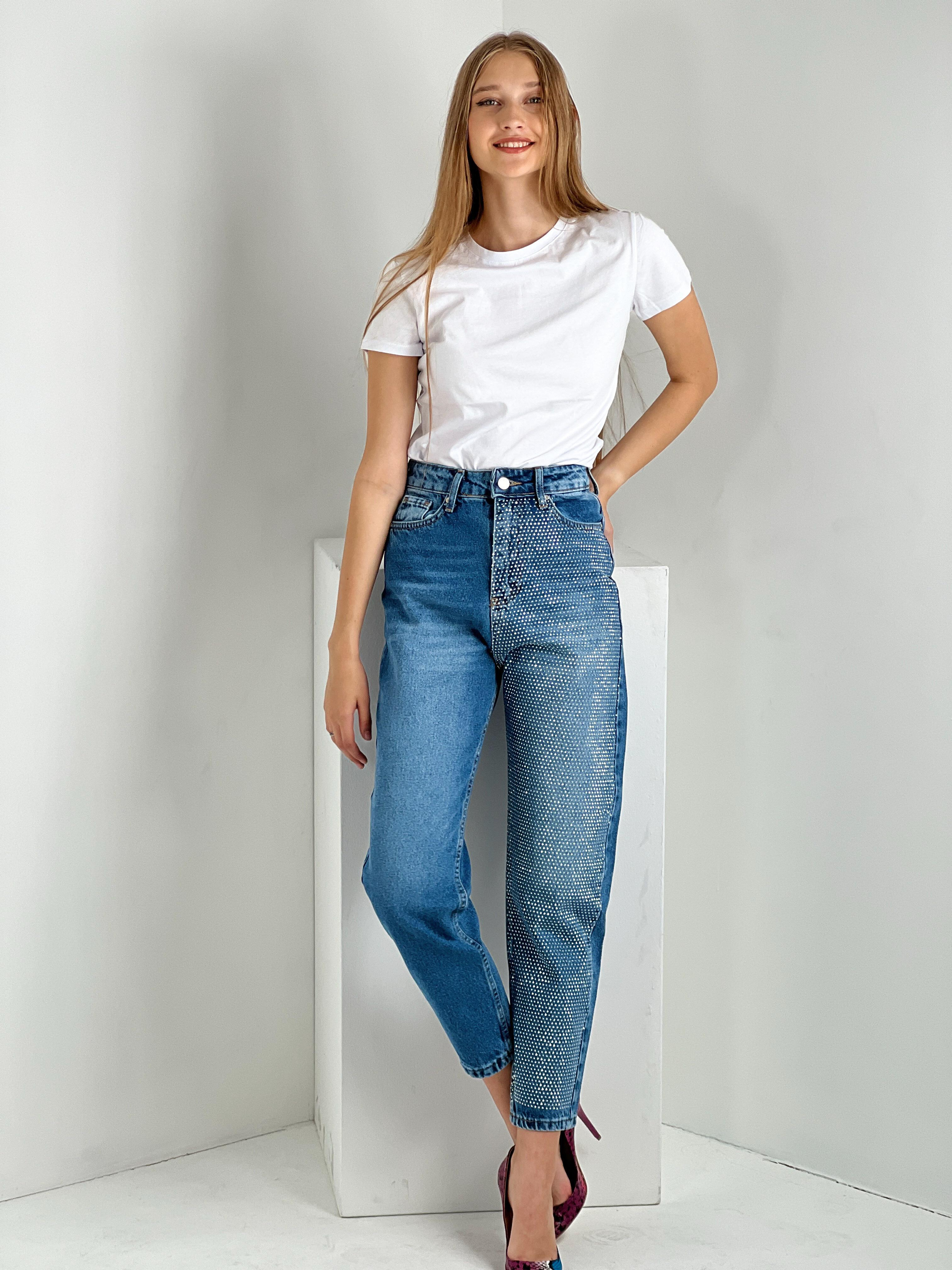 Kadın Mavi Tek Bacak Taş İşlemeli Mom Jean-72738O-5