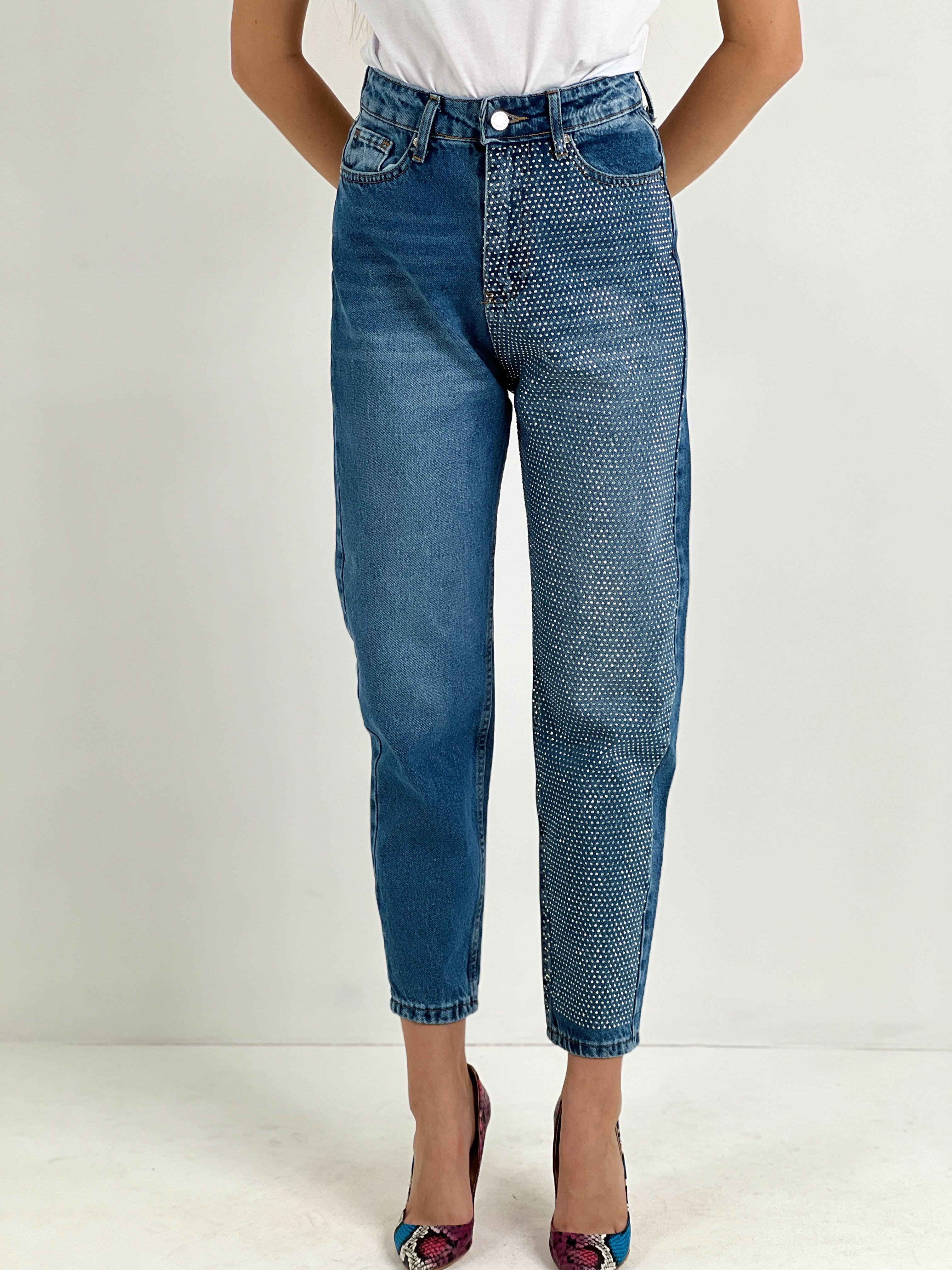 Kadın Mavi Tek Bacak Taş İşlemeli Mom Jean-72738O-5