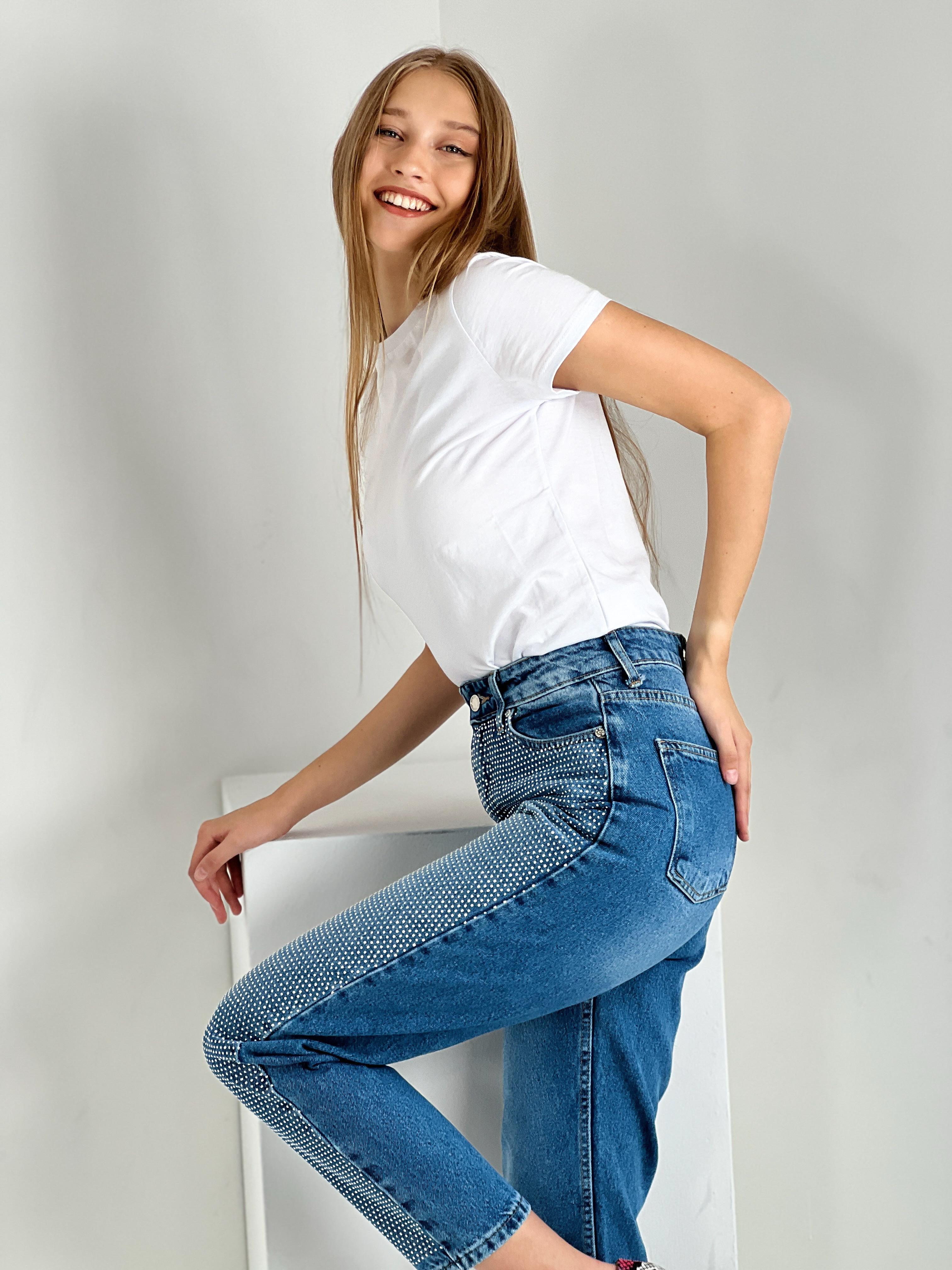 Kadın Mavi Tek Bacak Taş İşlemeli Mom Jean-72738O-5