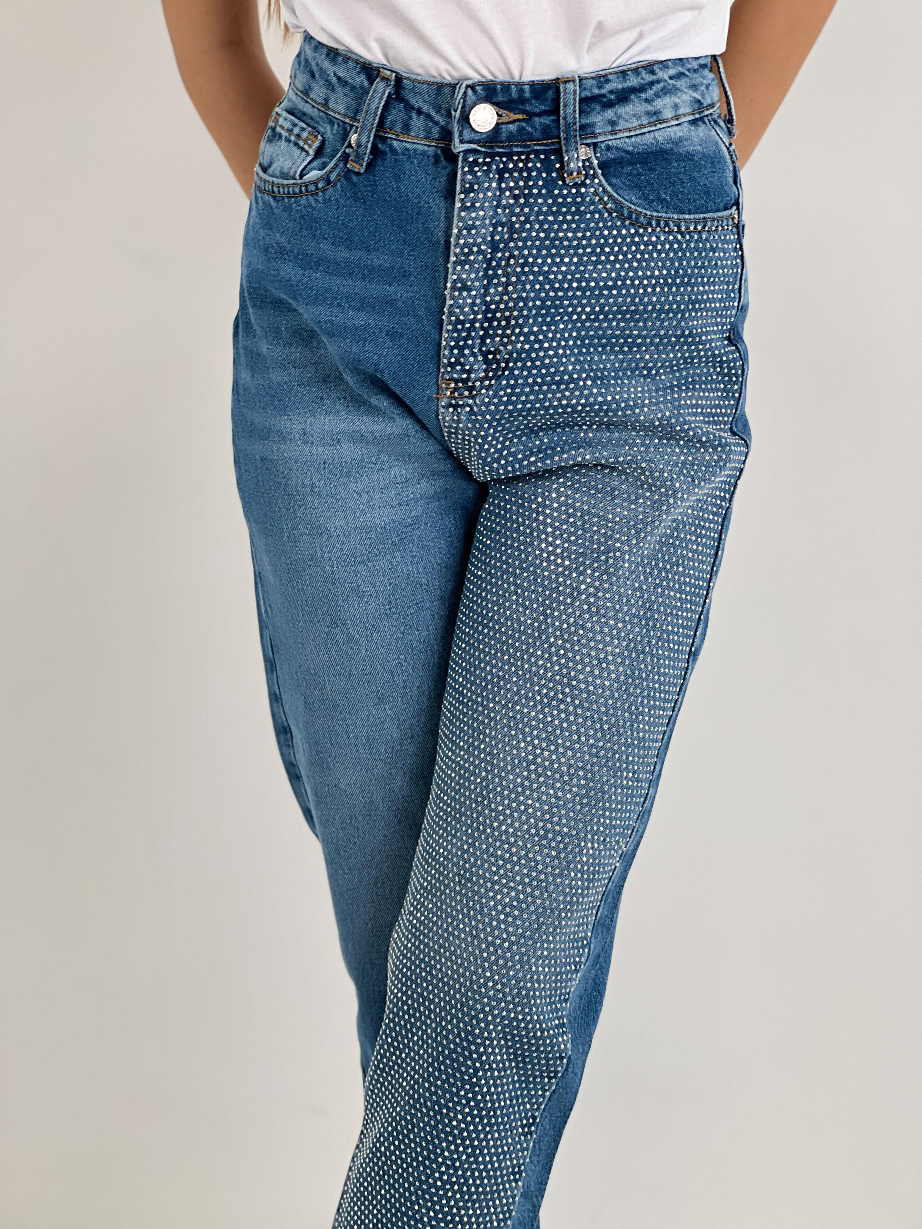 Kadın Mavi Tek Bacak Taş İşlemeli Mom Jean-72738O-5