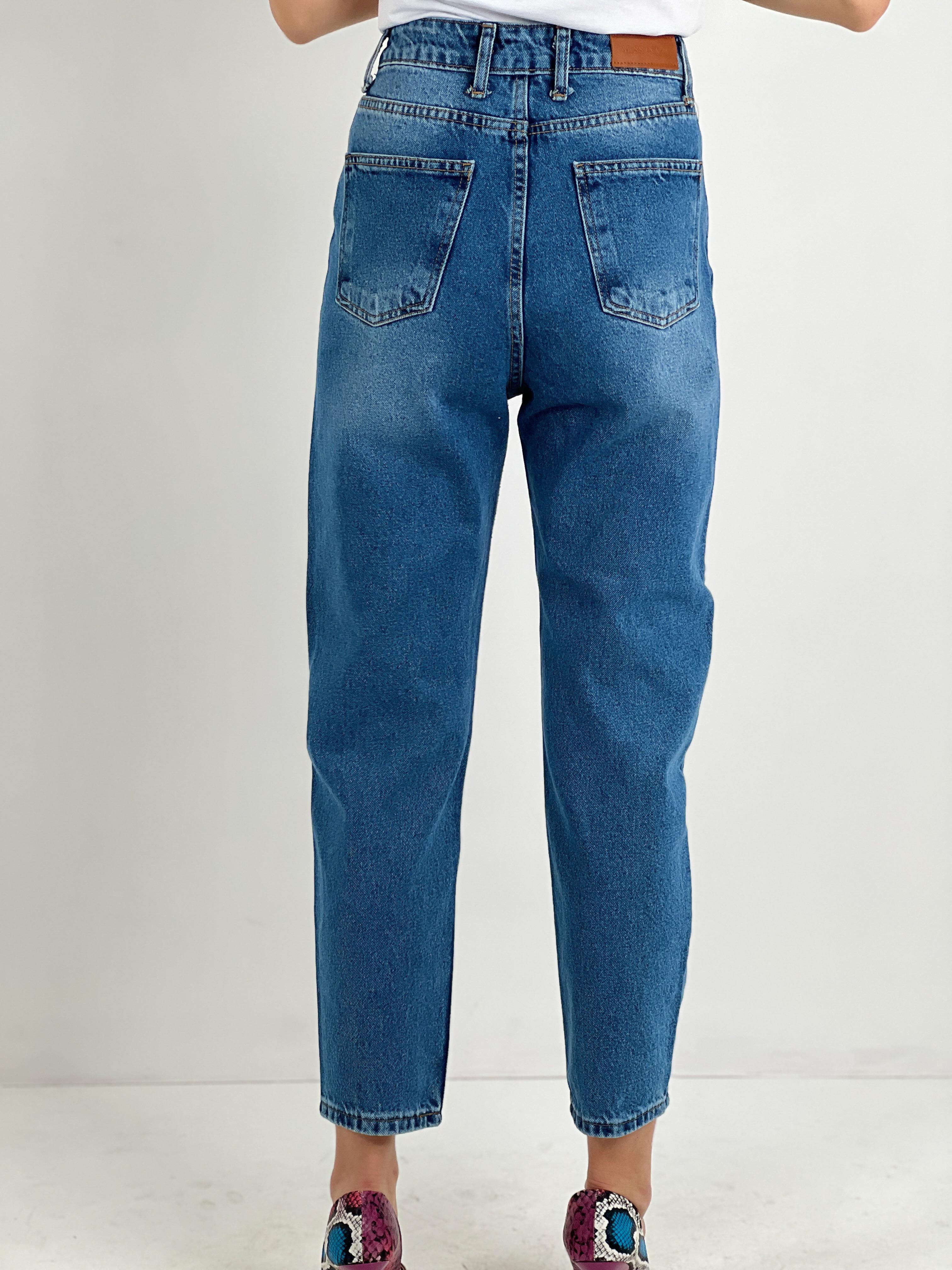 Kadın Mavi Tek Bacak Taş İşlemeli Mom Jean-72738O-5
