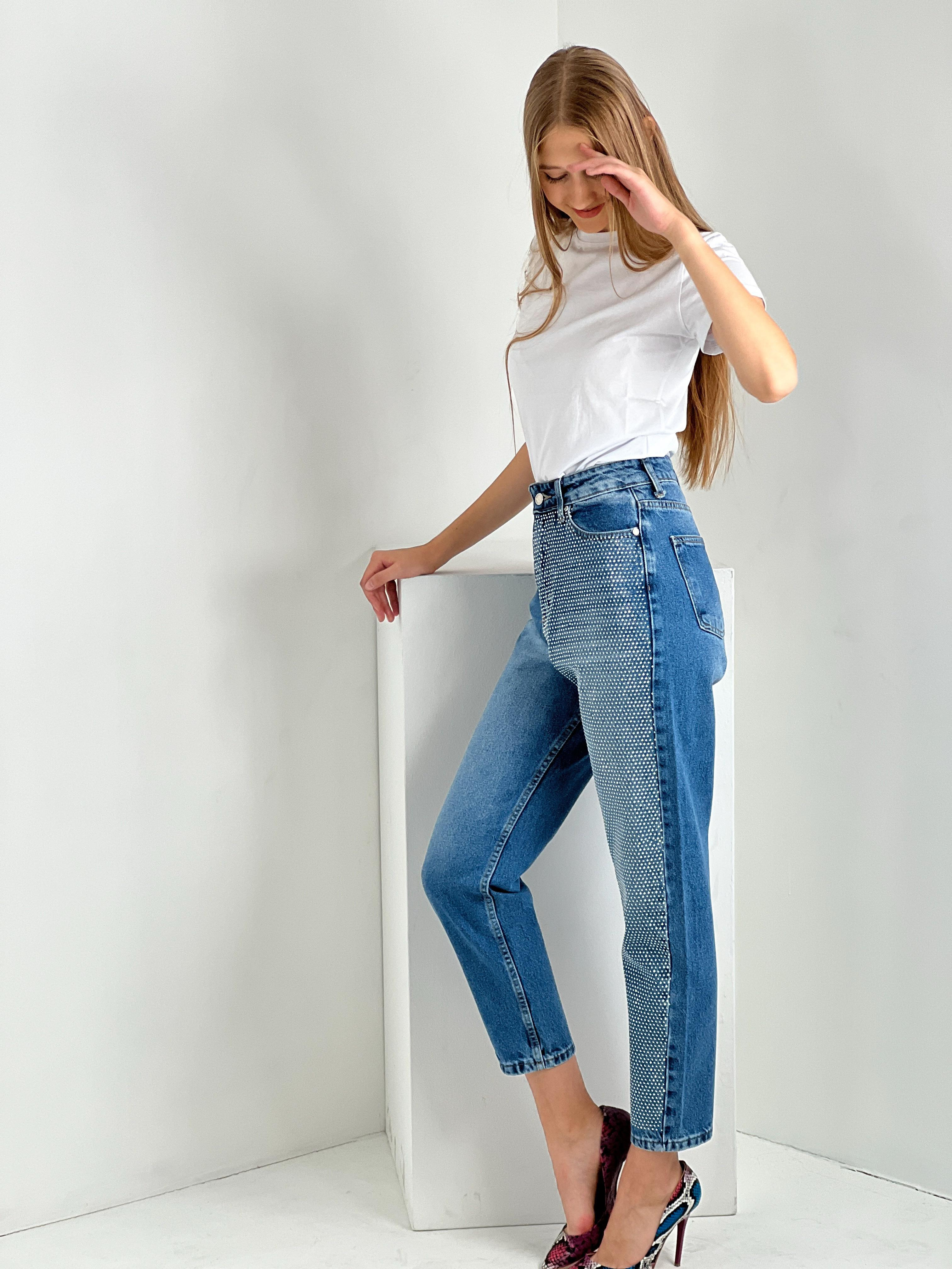 Kadın Mavi Tek Bacak Taş İşlemeli Mom Jean-72738O-5