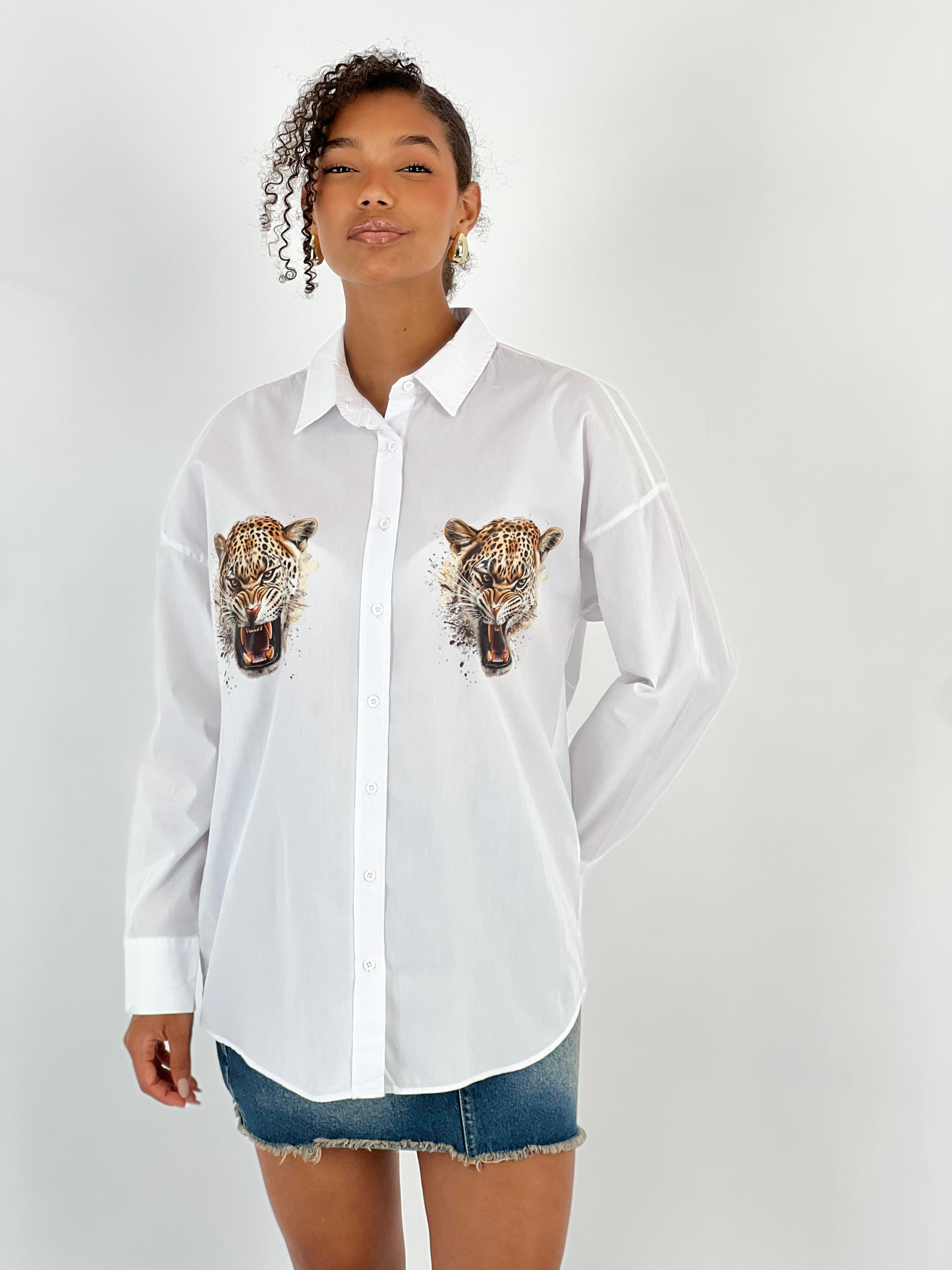 Kadın Ön Arka Leopar Baskılı Beyaz Gömlek-27316-X36
