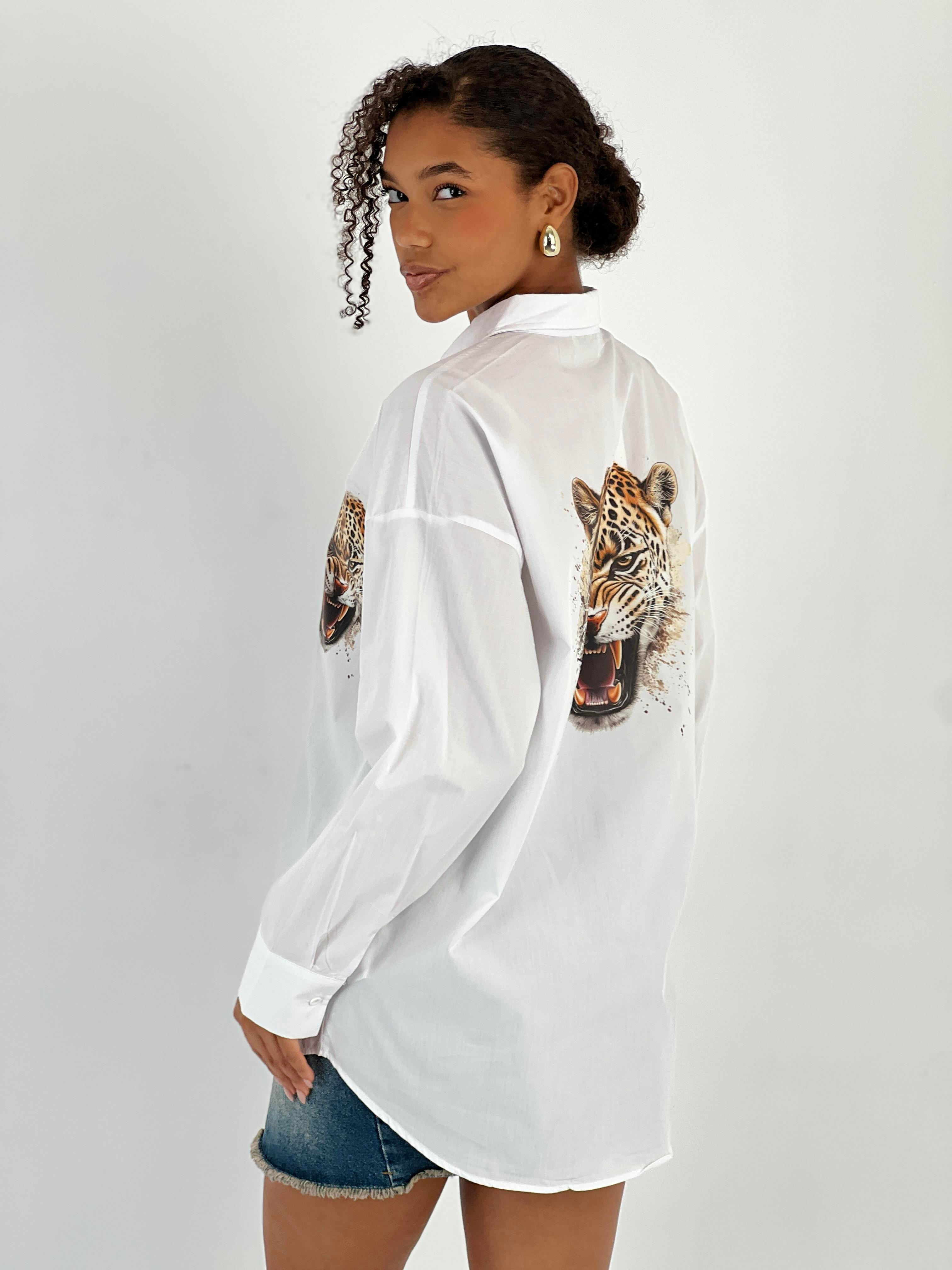 Kadın Ön Arka Leopar Baskılı Beyaz Gömlek-27316-X36