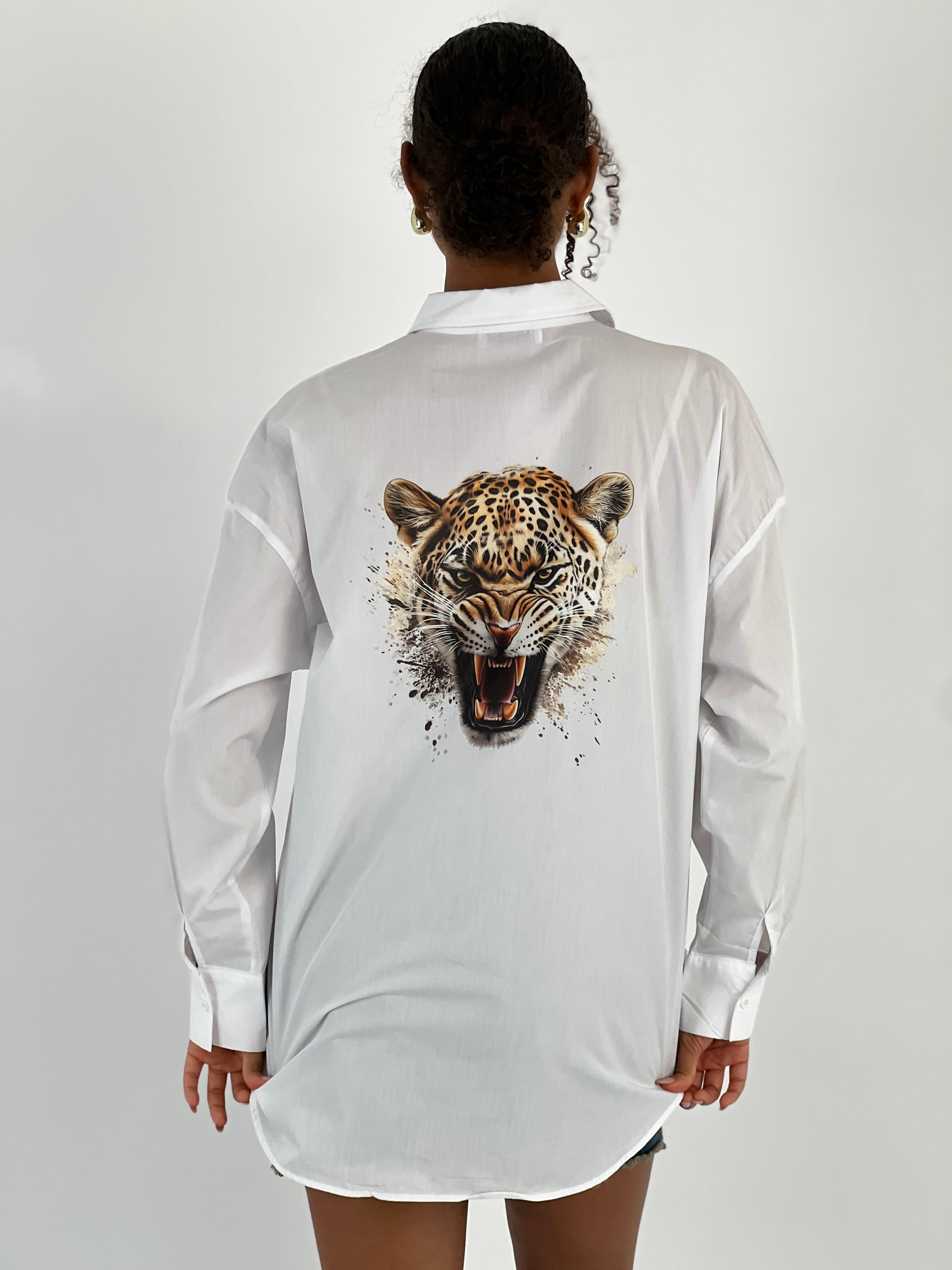 Kadın Ön Arka Leopar Baskılı Beyaz Gömlek-27316-X36