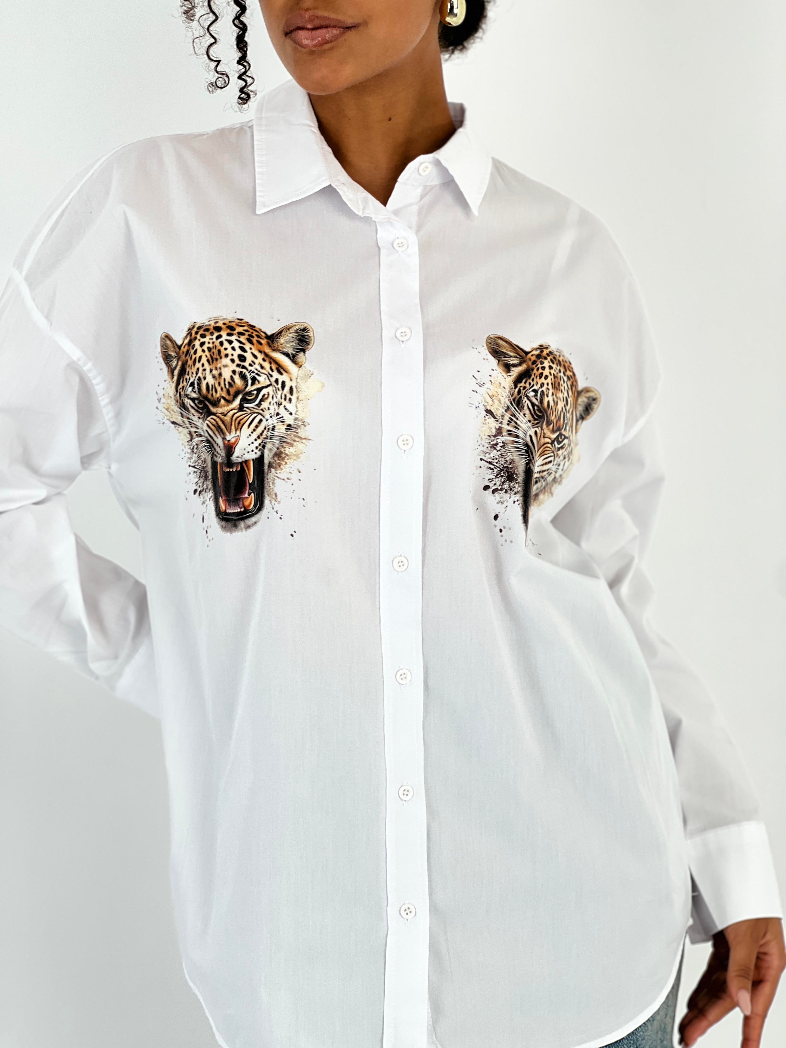 Kadın Ön Arka Leopar Baskılı Beyaz Gömlek-27316-X36