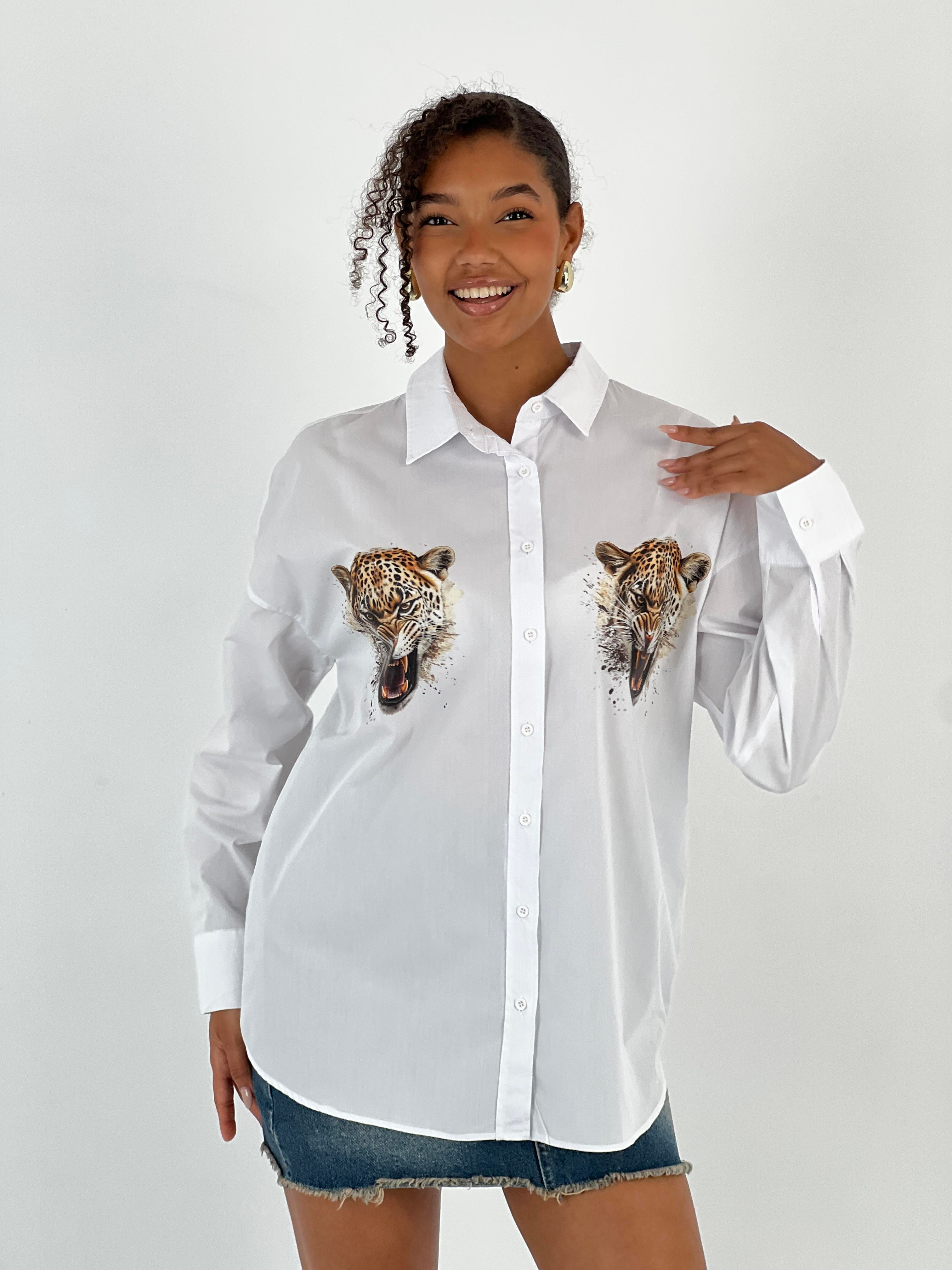 Kadın Ön Arka Leopar Baskılı Beyaz Gömlek-27316-X36