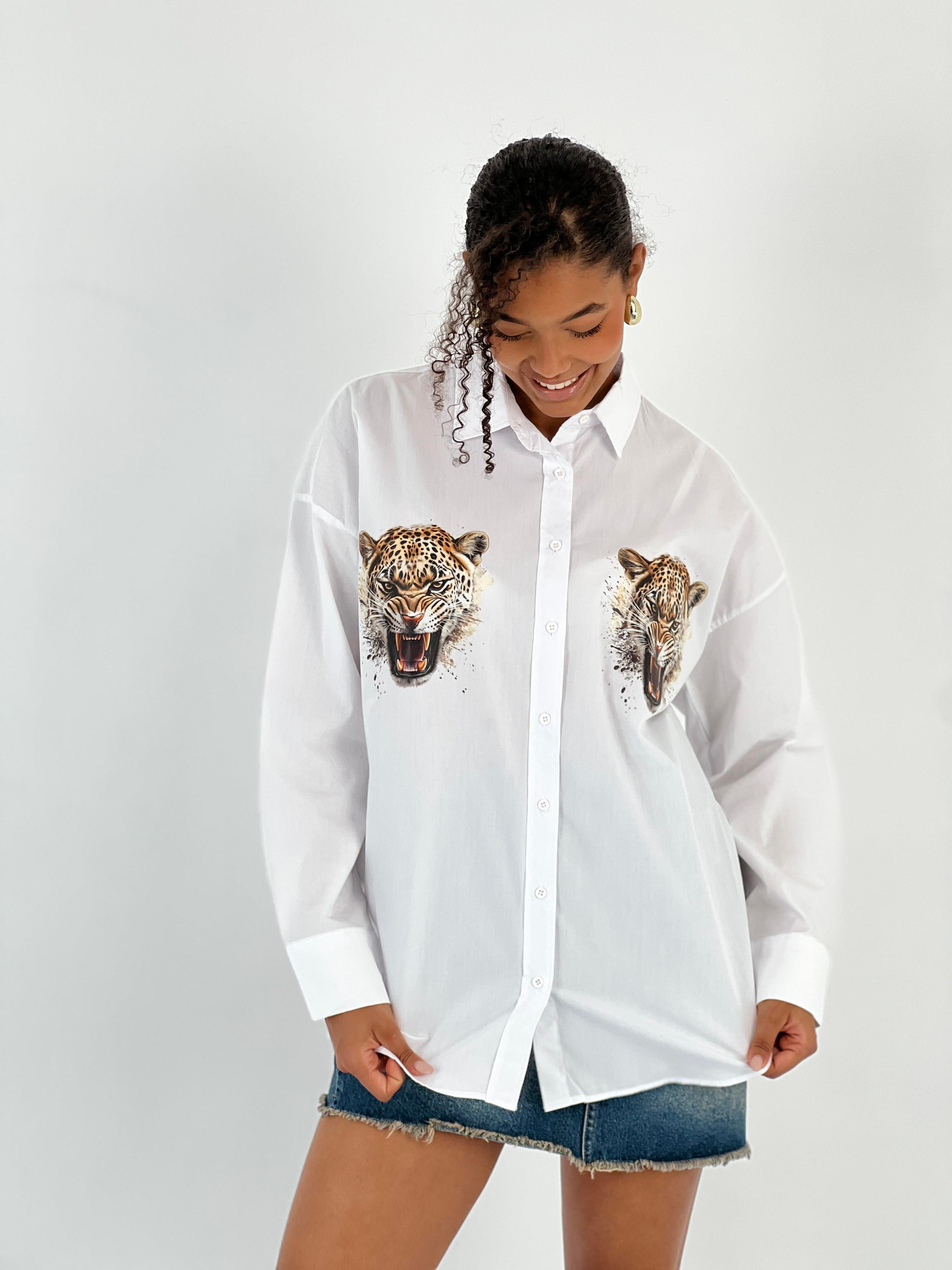 Kadın Ön Arka Leopar Baskılı Beyaz Gömlek-27316-X36