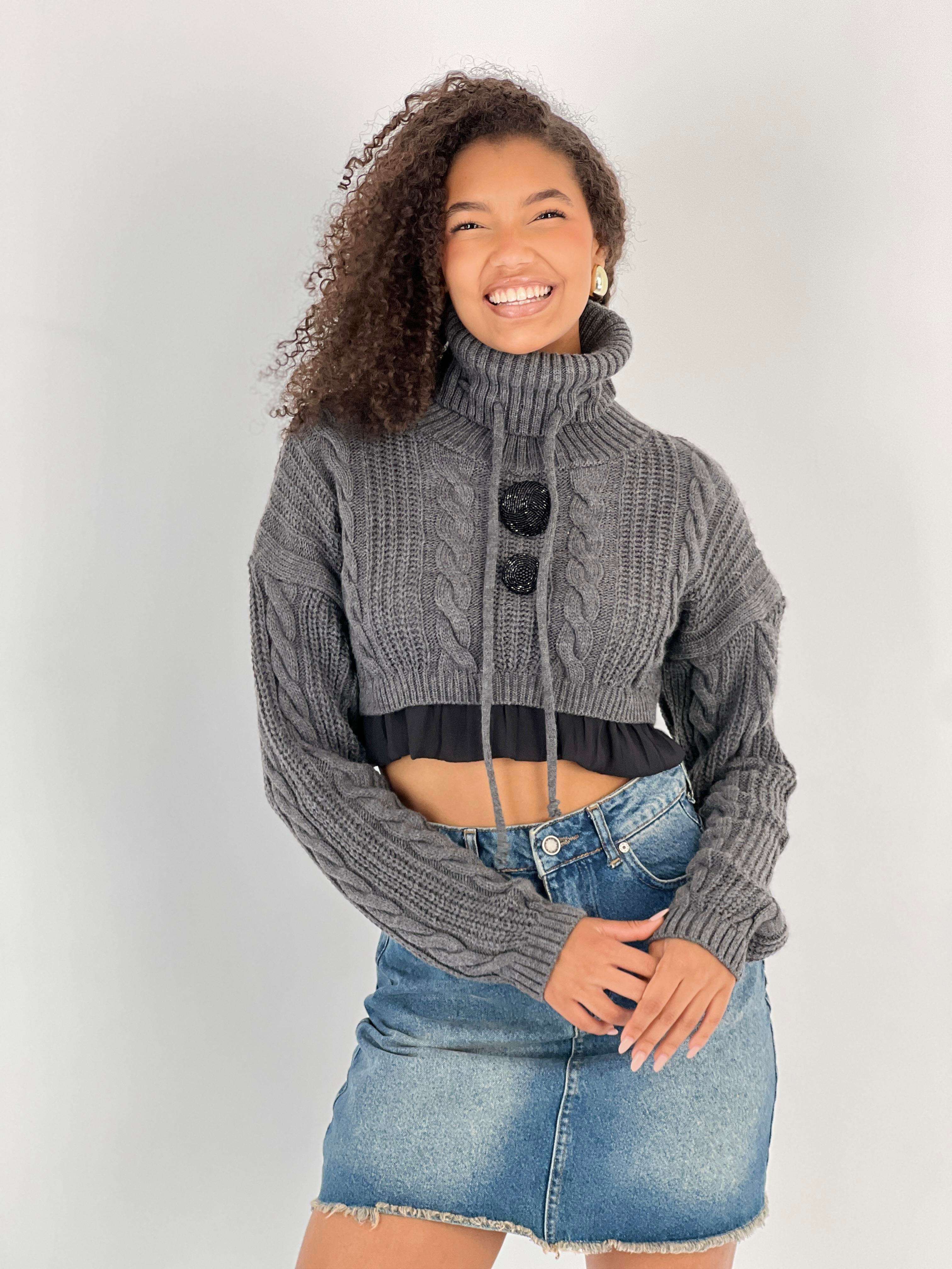 Kadın Örgü Desenli Antrasit Balıkçı Yaka Triko Kazak-33368-1