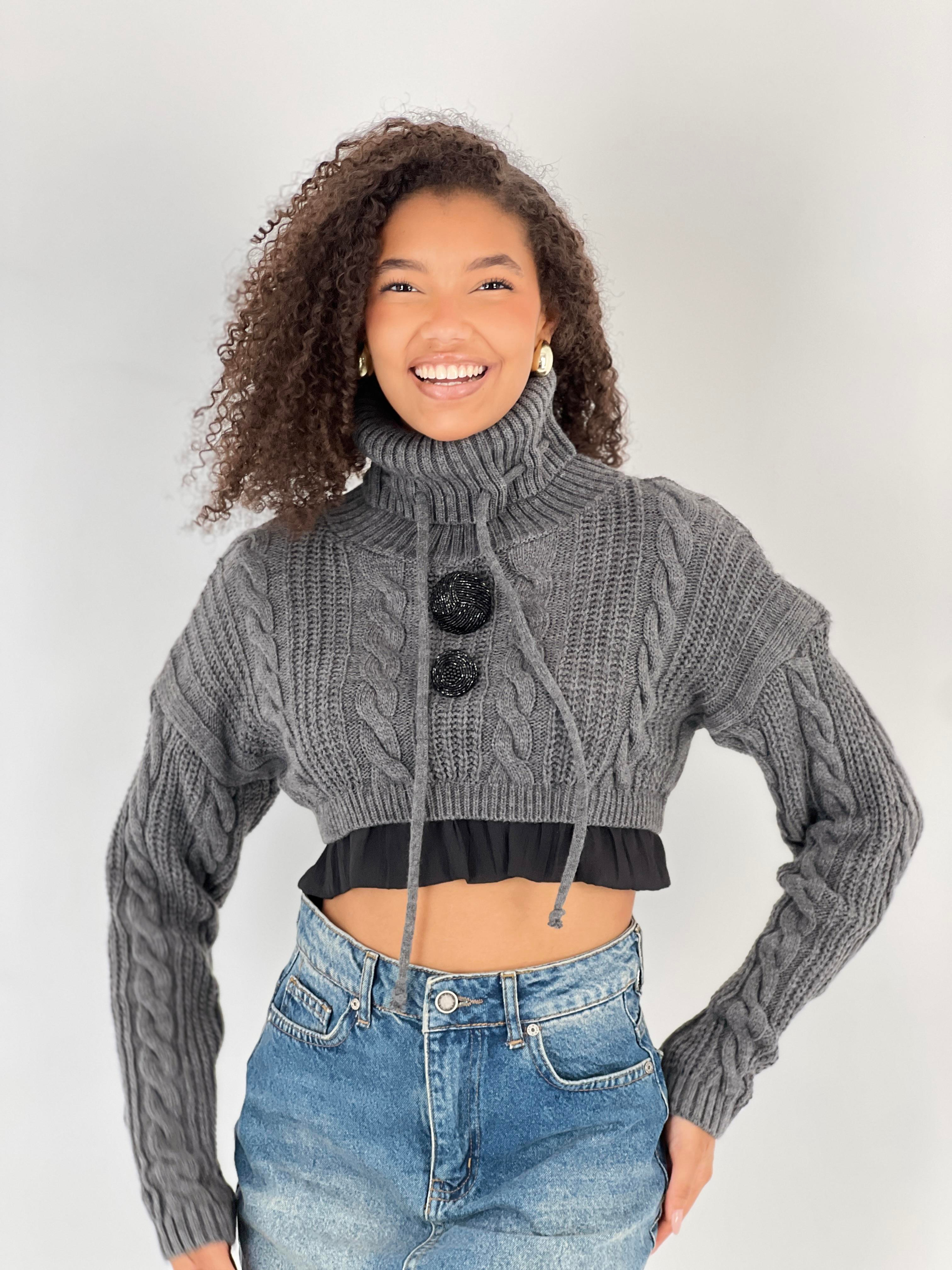 Kadın Örgü Desenli Antrasit Balıkçı Yaka Triko Kazak-33368-1