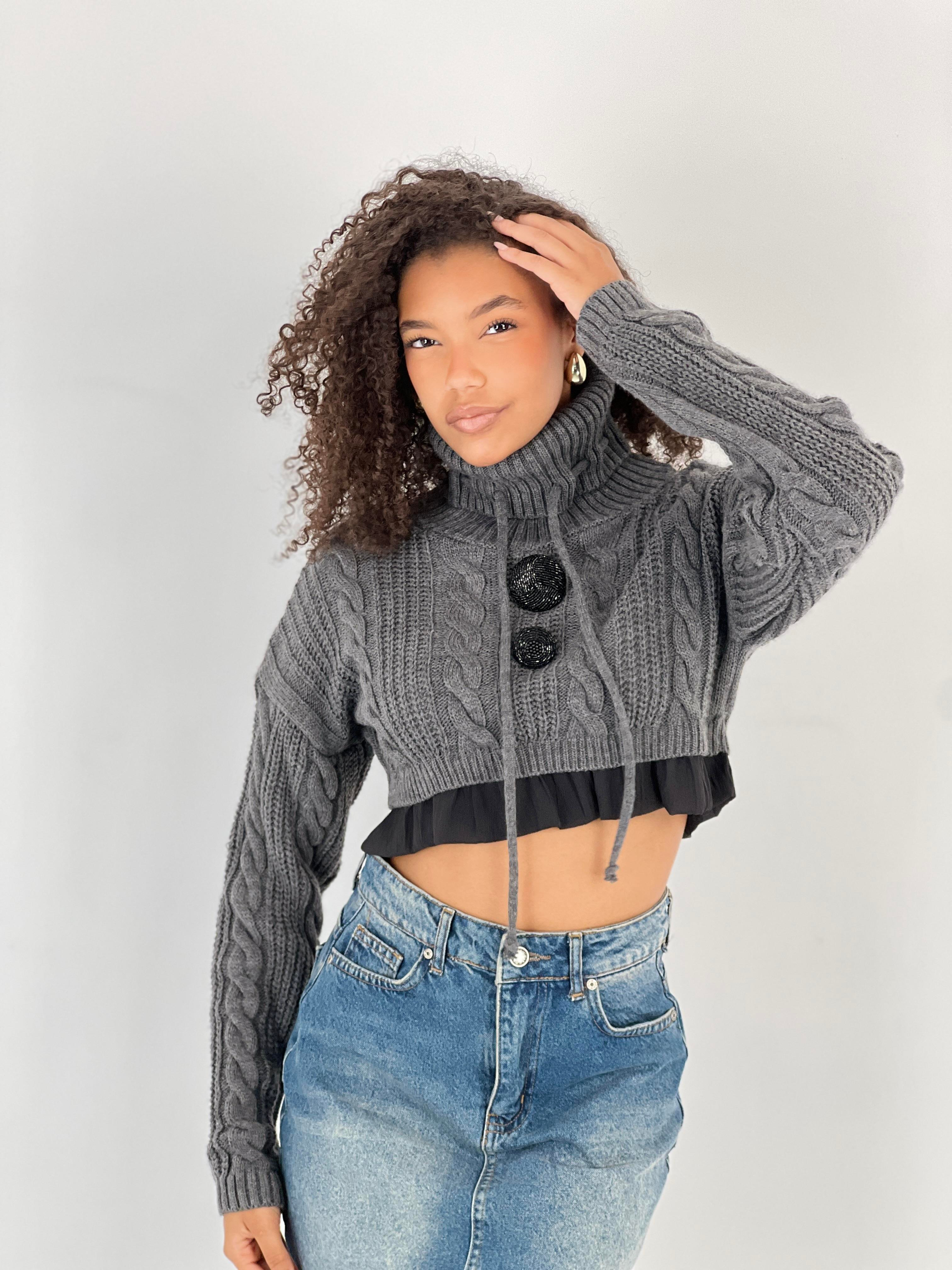 Kadın Örgü Desenli Antrasit Balıkçı Yaka Triko Kazak-33368-1