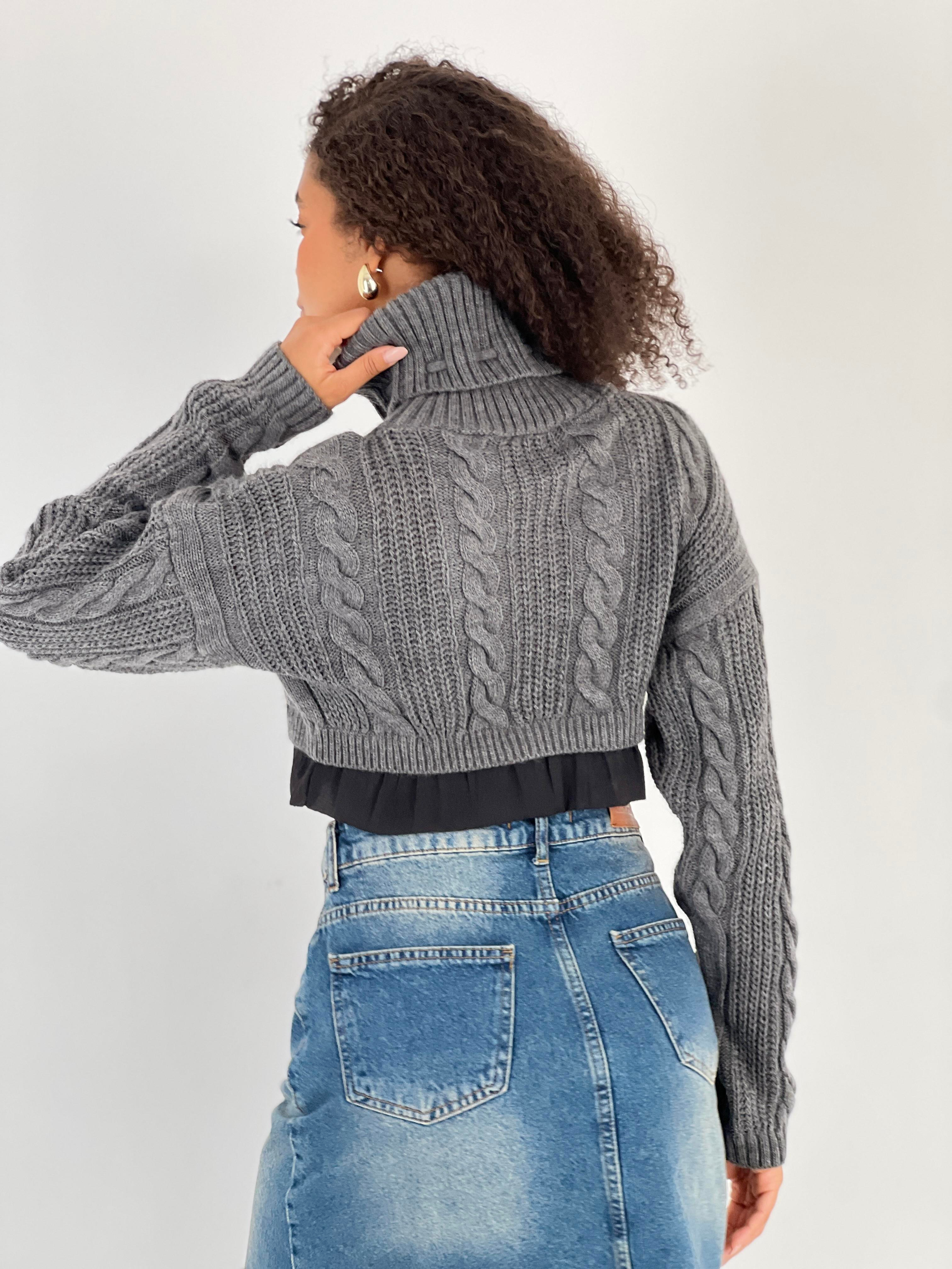 Kadın Örgü Desenli Antrasit Balıkçı Yaka Triko Kazak-33368-1