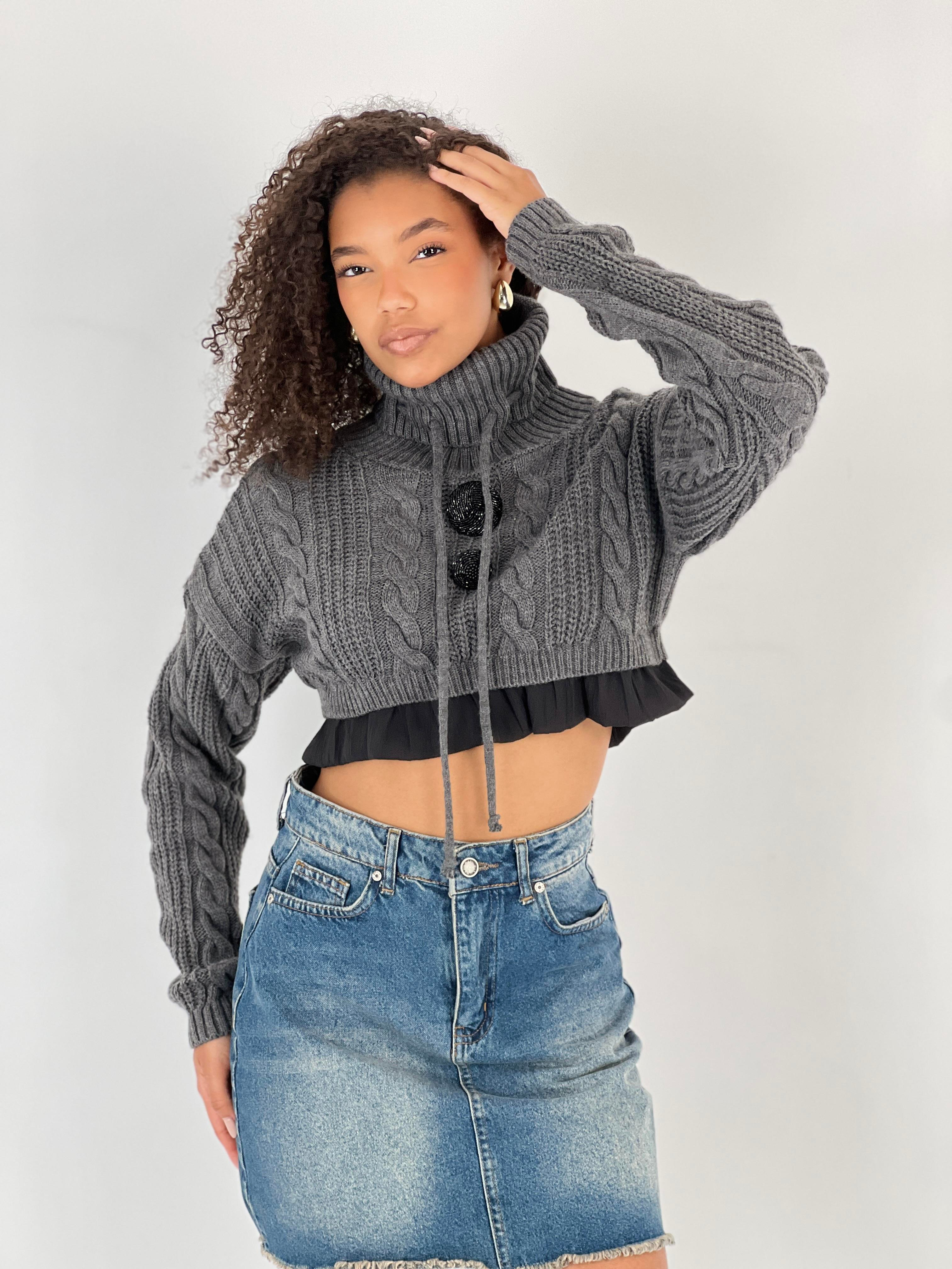 Kadın Örgü Desenli Antrasit Balıkçı Yaka Triko Kazak-33368-1