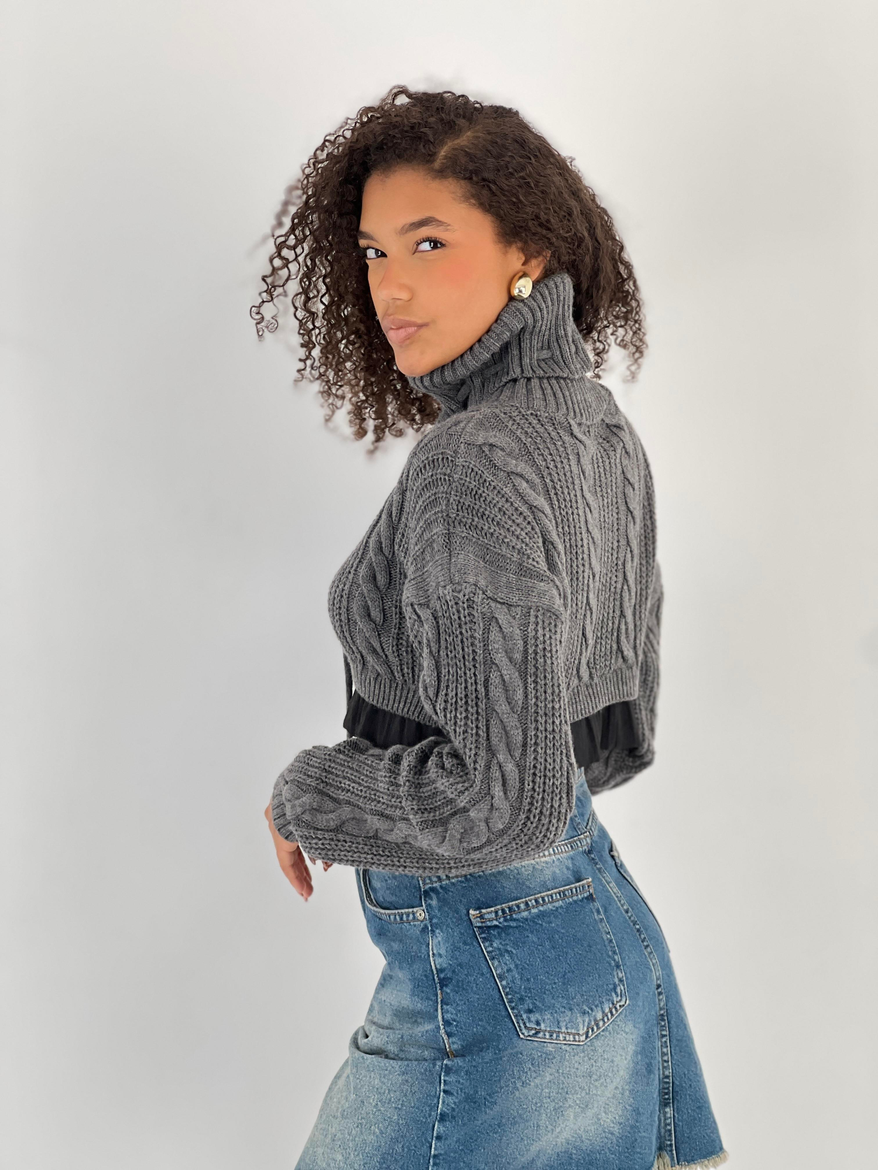 Kadın Örgü Desenli Antrasit Balıkçı Yaka Triko Kazak-33368-1