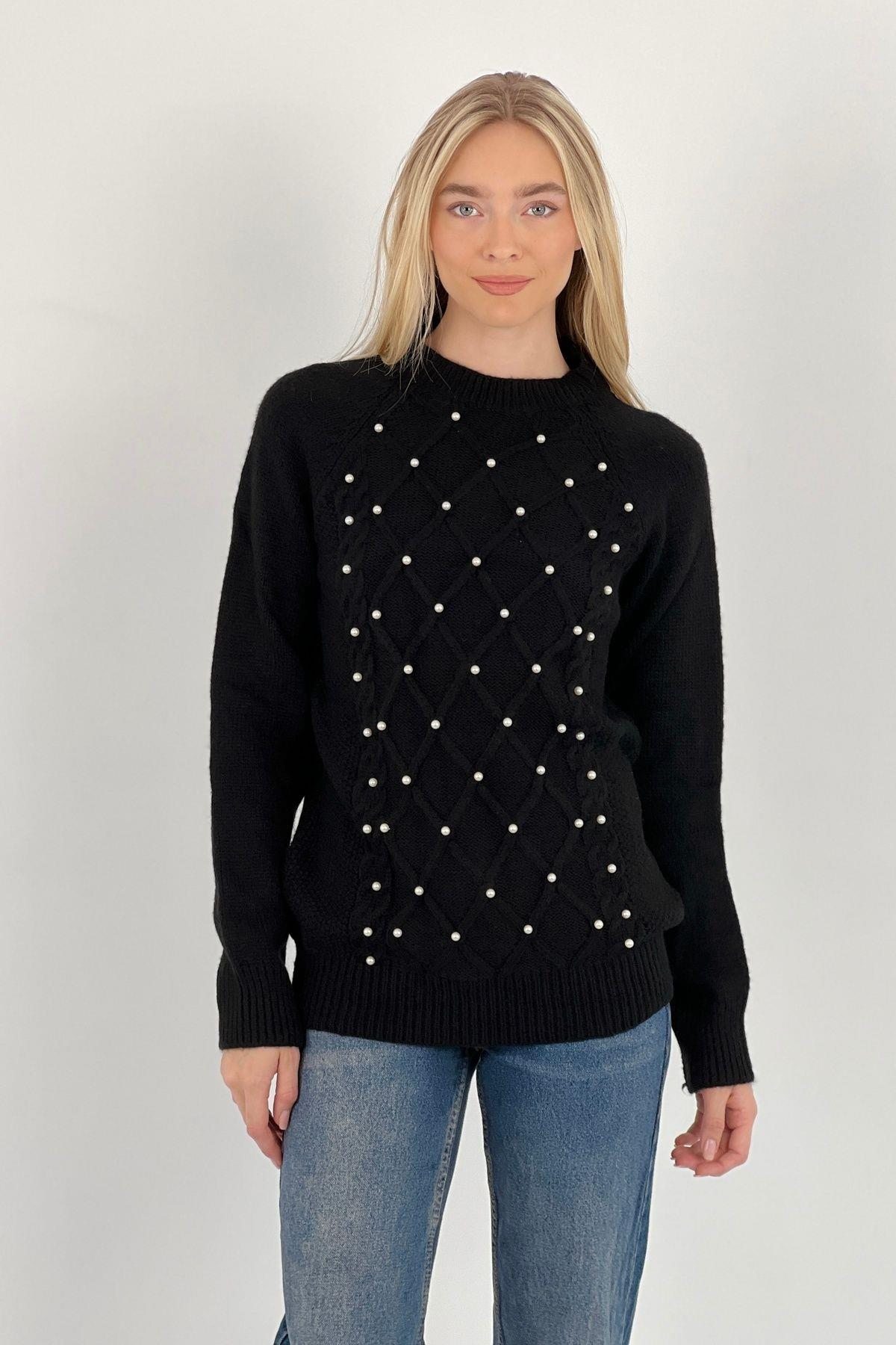Kadın Oversize Bisiklet Yaka Inci Detaylı Uzun Siyah Triko Kazak-32935