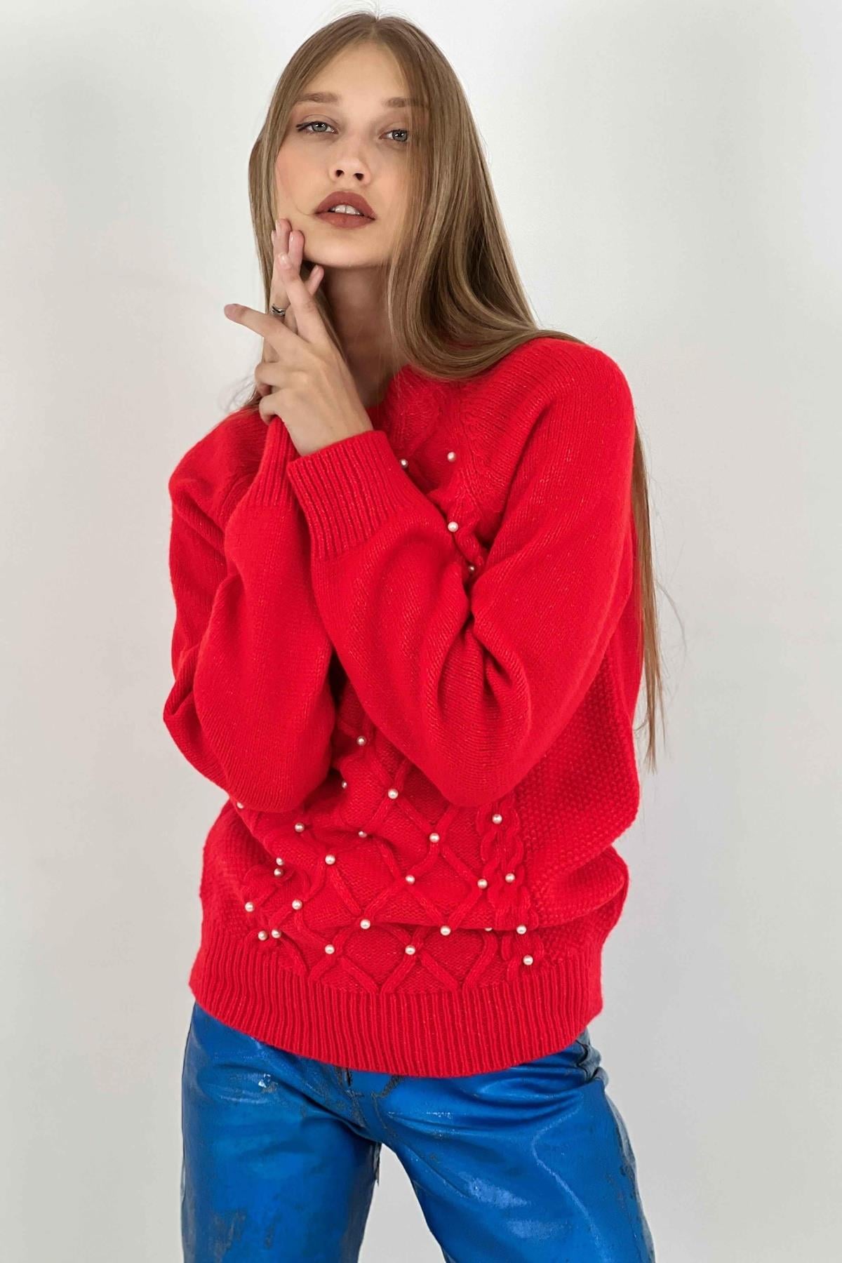 Kadın Oversize Bisiklet Yaka Inci Detaylı Uzun Kırmızı Triko Kazak-32935SM