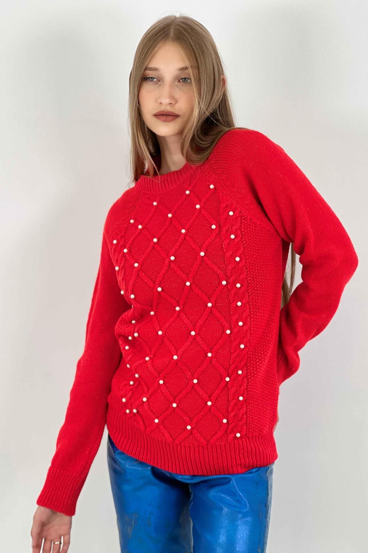 Kadın Oversize Bisiklet Yaka Inci Detaylı Uzun Kırmızı Triko Kazak-32935SM