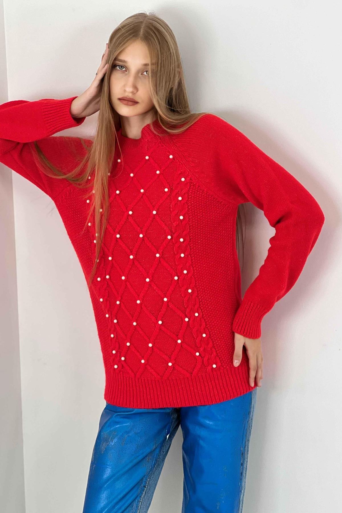 Kadın Oversize Bisiklet Yaka Inci Detaylı Uzun Kırmızı Triko Kazak-32935SM