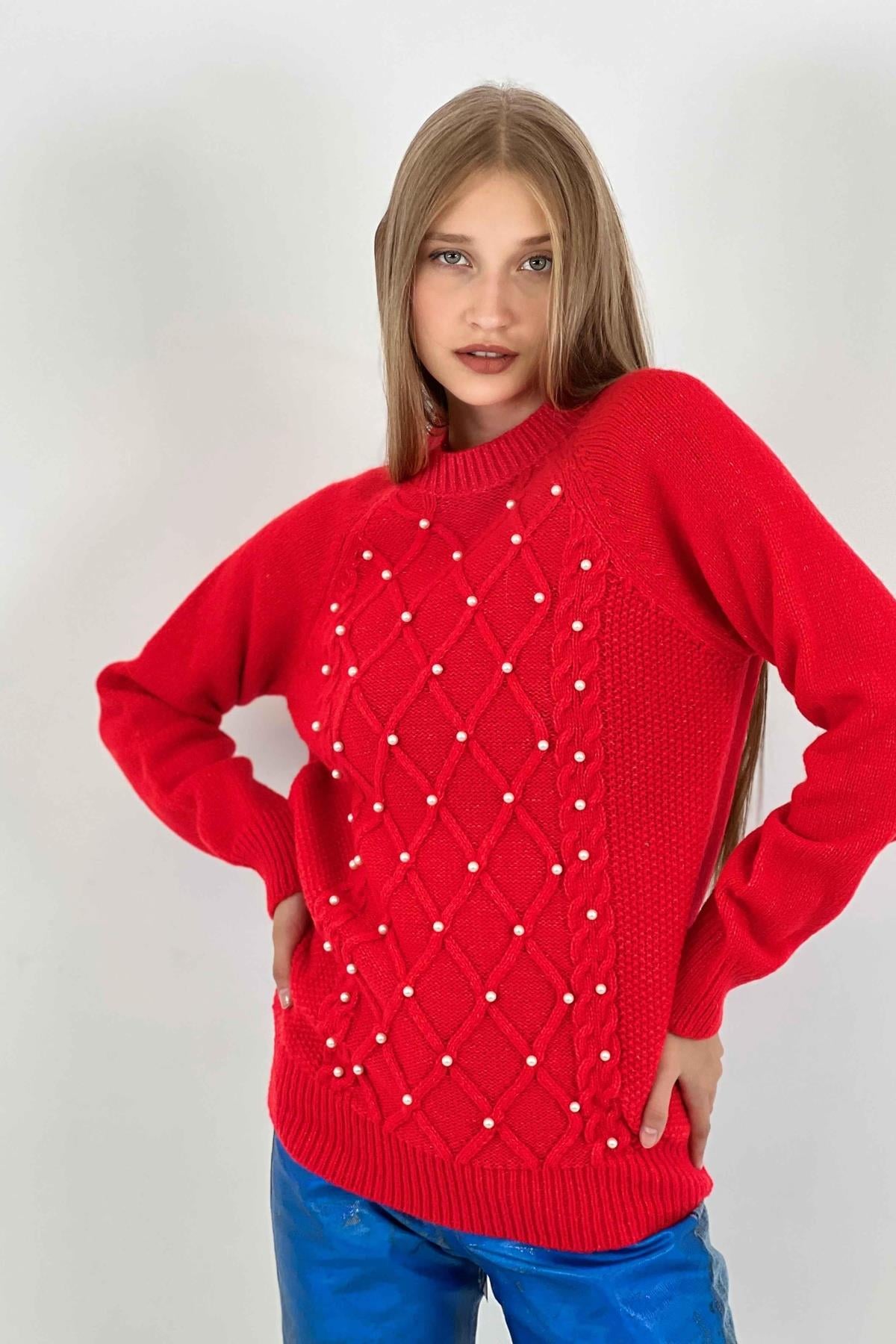 Kadın Oversize Bisiklet Yaka Inci Detaylı Uzun Kırmızı Triko Kazak-32935SM