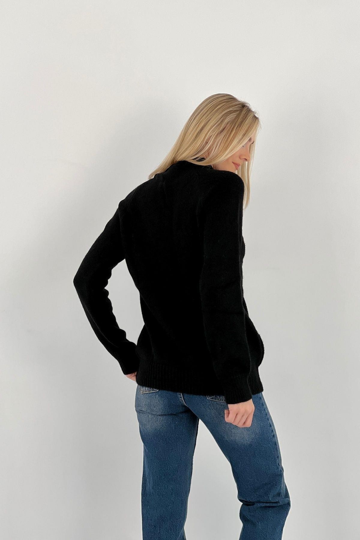 Kadın Oversize Bisiklet Yaka Inci Detaylı Uzun Siyah Triko Kazak-32935