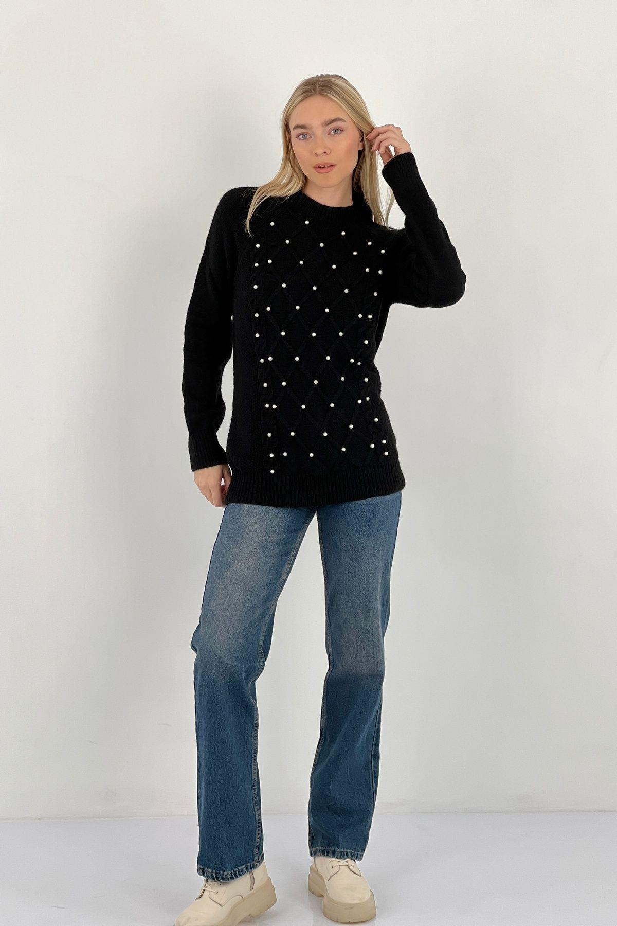 Kadın Oversize Bisiklet Yaka Inci Detaylı Uzun Siyah Triko Kazak-32935