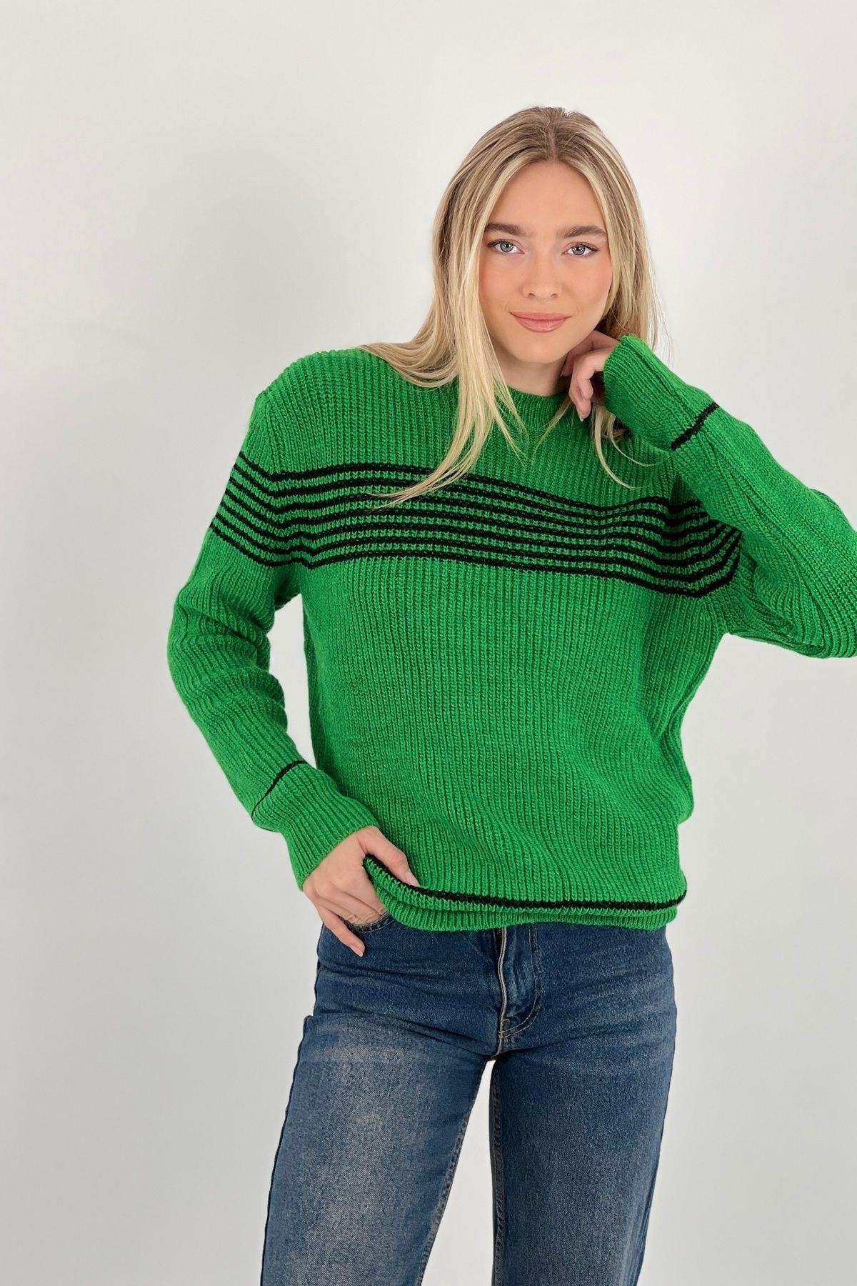Kadın Oversize Bisiklet Yaka Kışlık Uzun Yeşil  Triko Kazak-33037