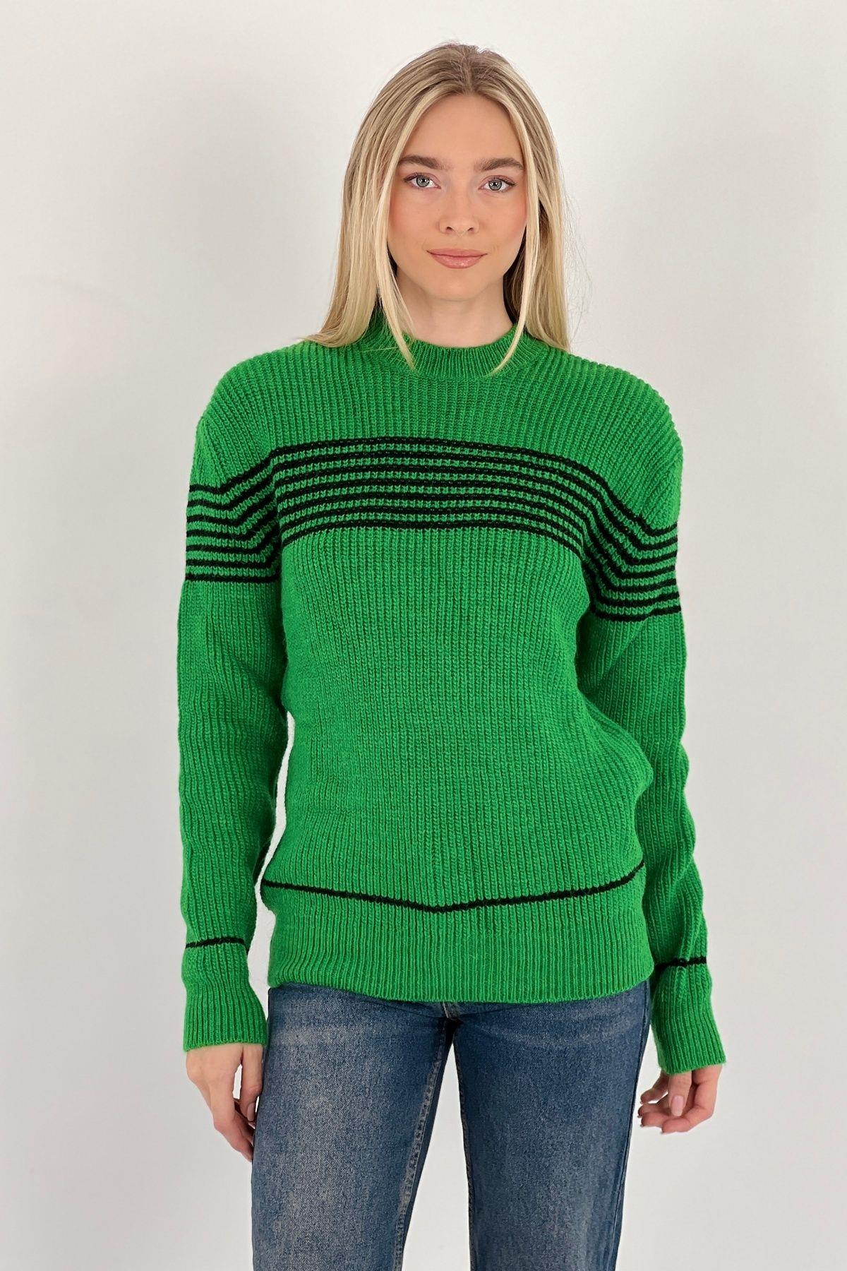 Kadın Oversize Bisiklet Yaka Kışlık Uzun Yeşil  Triko Kazak-33037
