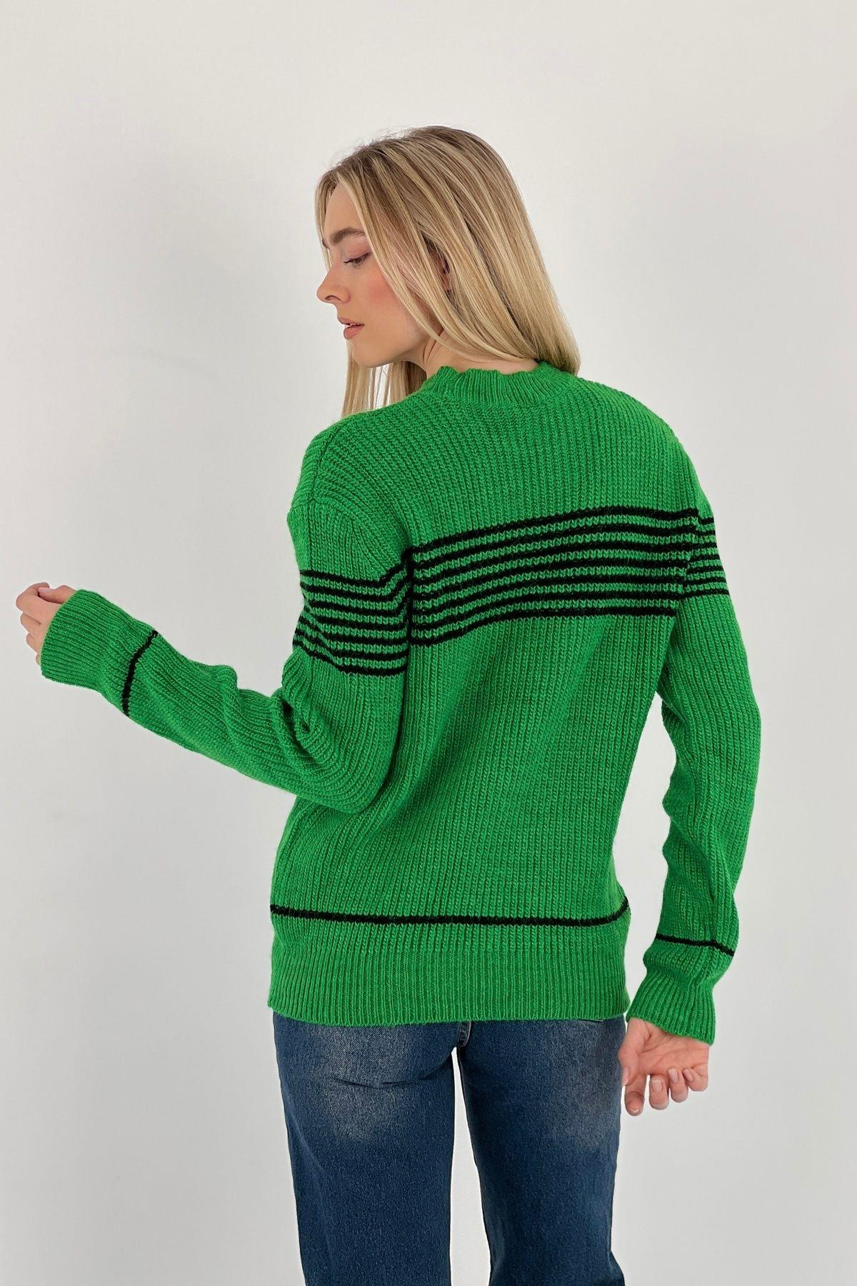 Kadın Oversize Bisiklet Yaka Kışlık Uzun Yeşil  Triko Kazak-33037