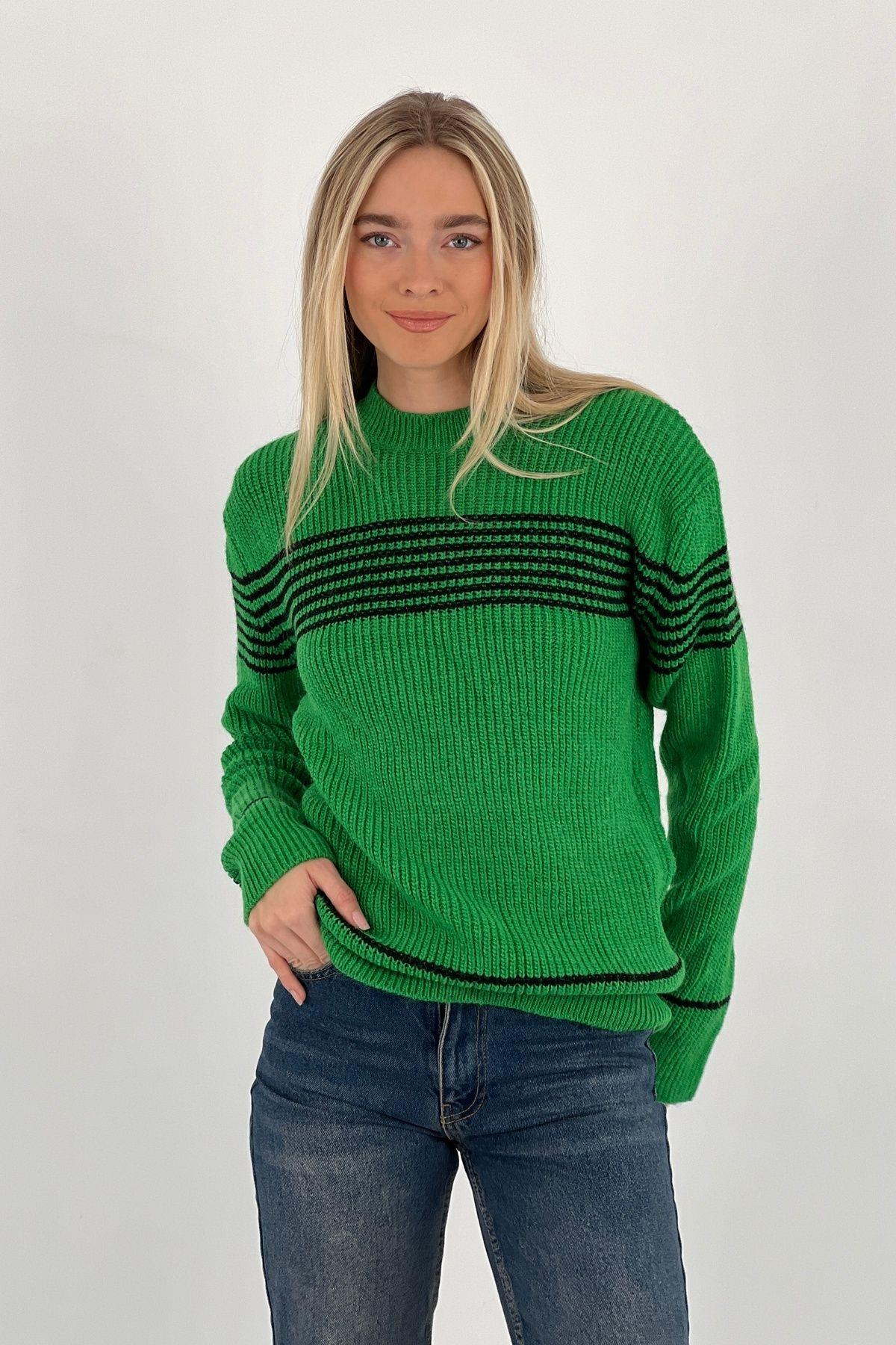Kadın Oversize Bisiklet Yaka Kışlık Uzun Yeşil  Triko Kazak-33037