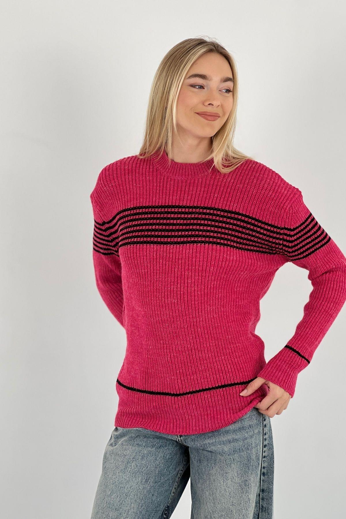 Kadın Oversize Bisiklet Yaka Kışlık Uzun Yeşil  Triko Kazak-33037