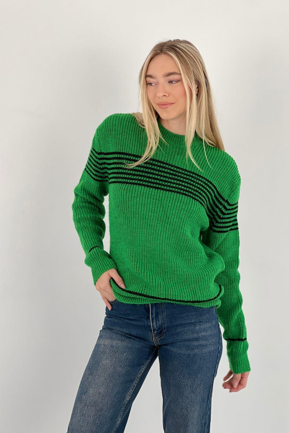 Kadın Oversize Bisiklet Yaka Kışlık Uzun Yeşil  Triko Kazak-33037