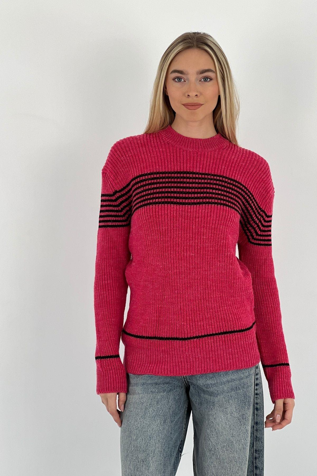 Kadın Oversize Bisiklet Yaka Kışlık Uzun Yeşil  Triko Kazak-33037