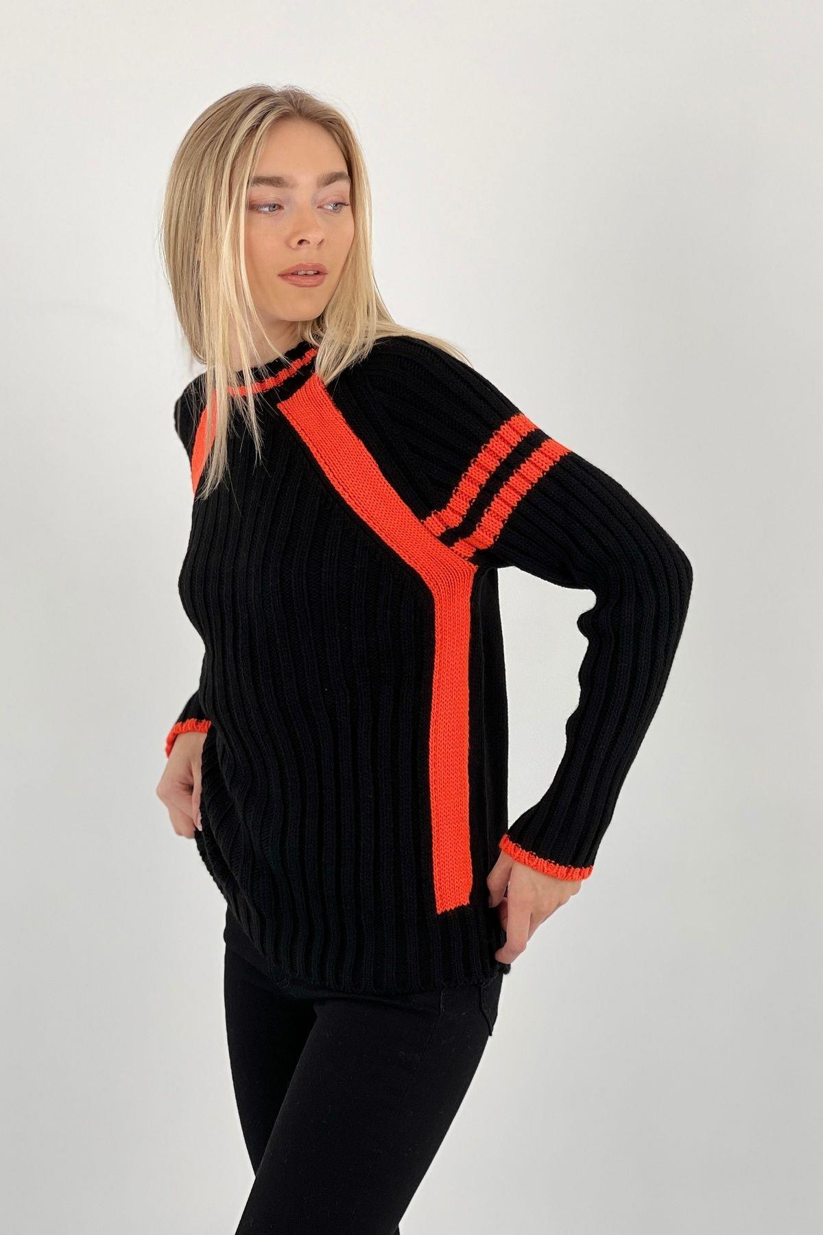 Kadın Oversize Bisiklet Yaka Şeritli Uzun Kışlık Turuncu Triko Kazak-33011