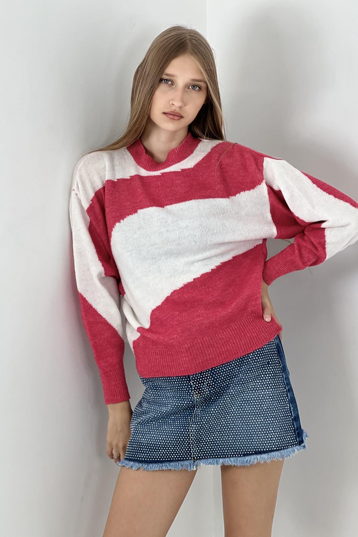 Kadın Oversize Bisiklet Yaka Uzun Kollu Fuşya Triko Kazak-332500SM