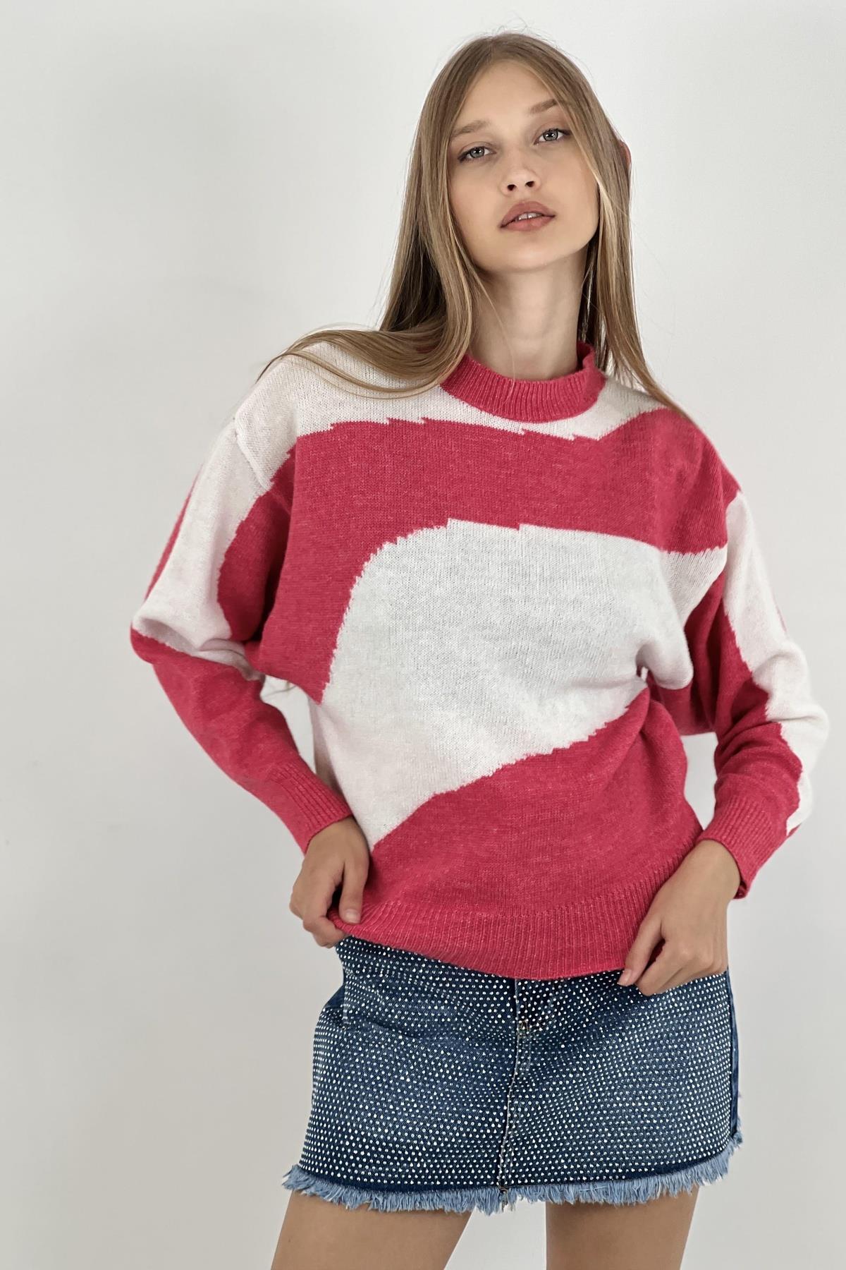 Kadın Oversize Bisiklet Yaka Uzun Kollu Fuşya Triko Kazak-332500SM