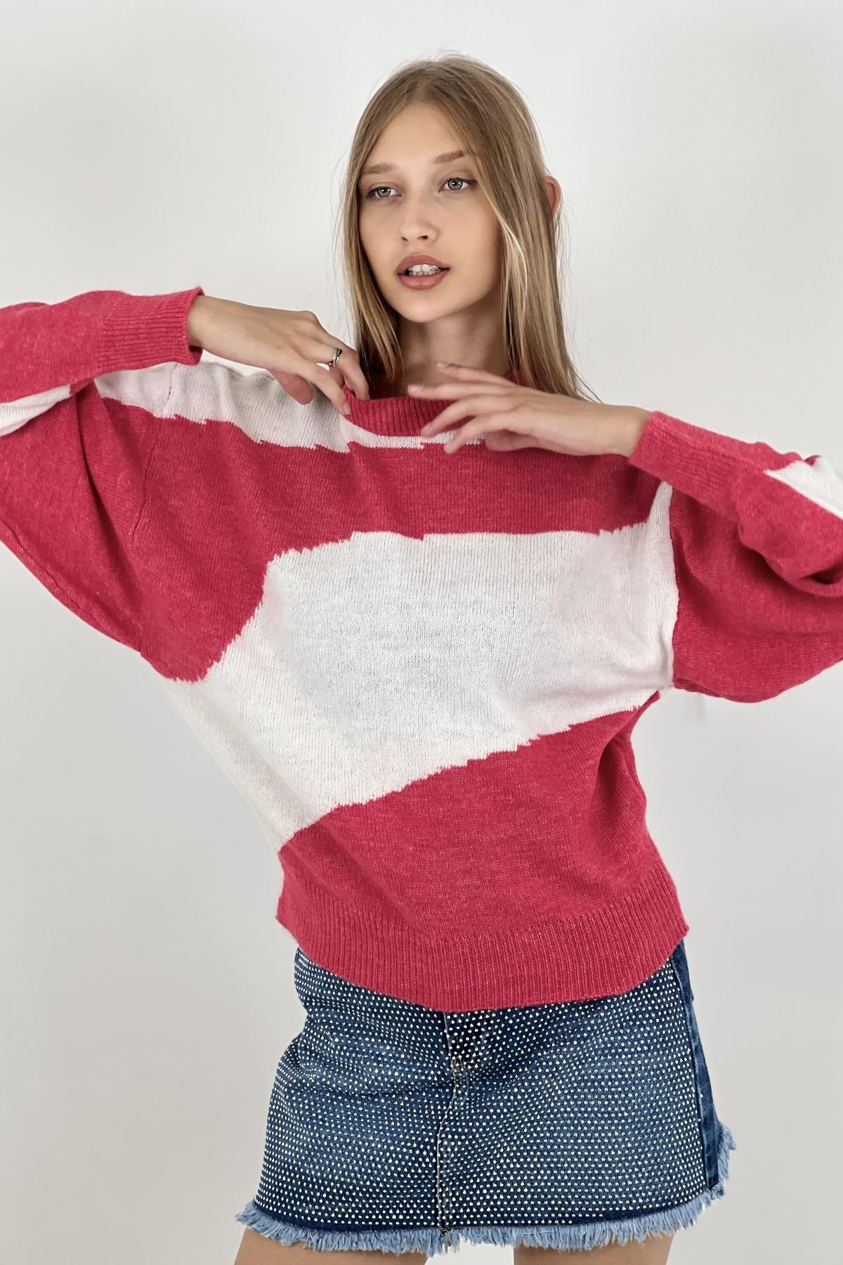 Kadın Oversize Bisiklet Yaka Uzun Kollu Fuşya Triko Kazak-332500SM