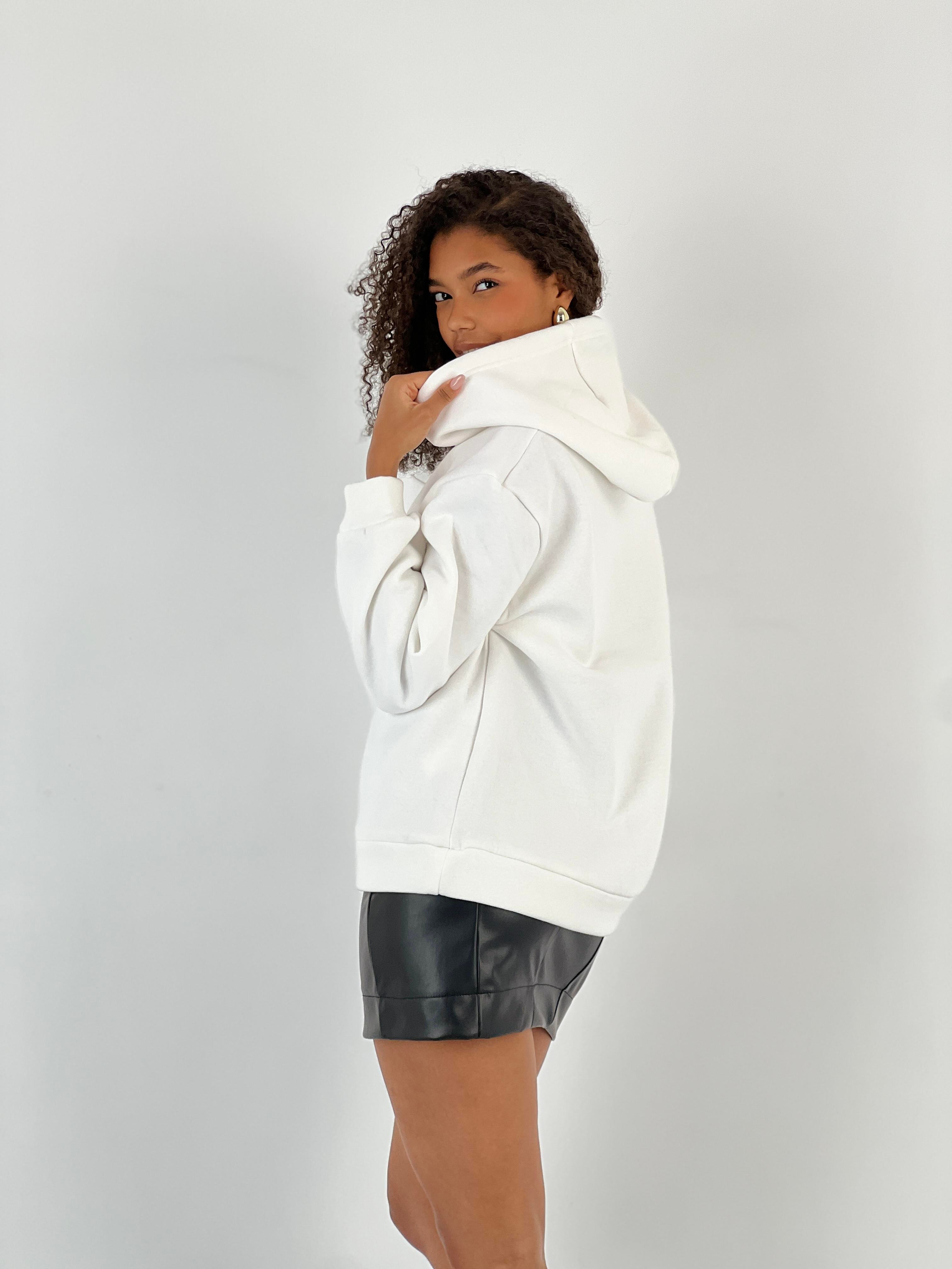 Kadın Oversize Kalın Ekru Kapüşonlu Sweatshirt-17386