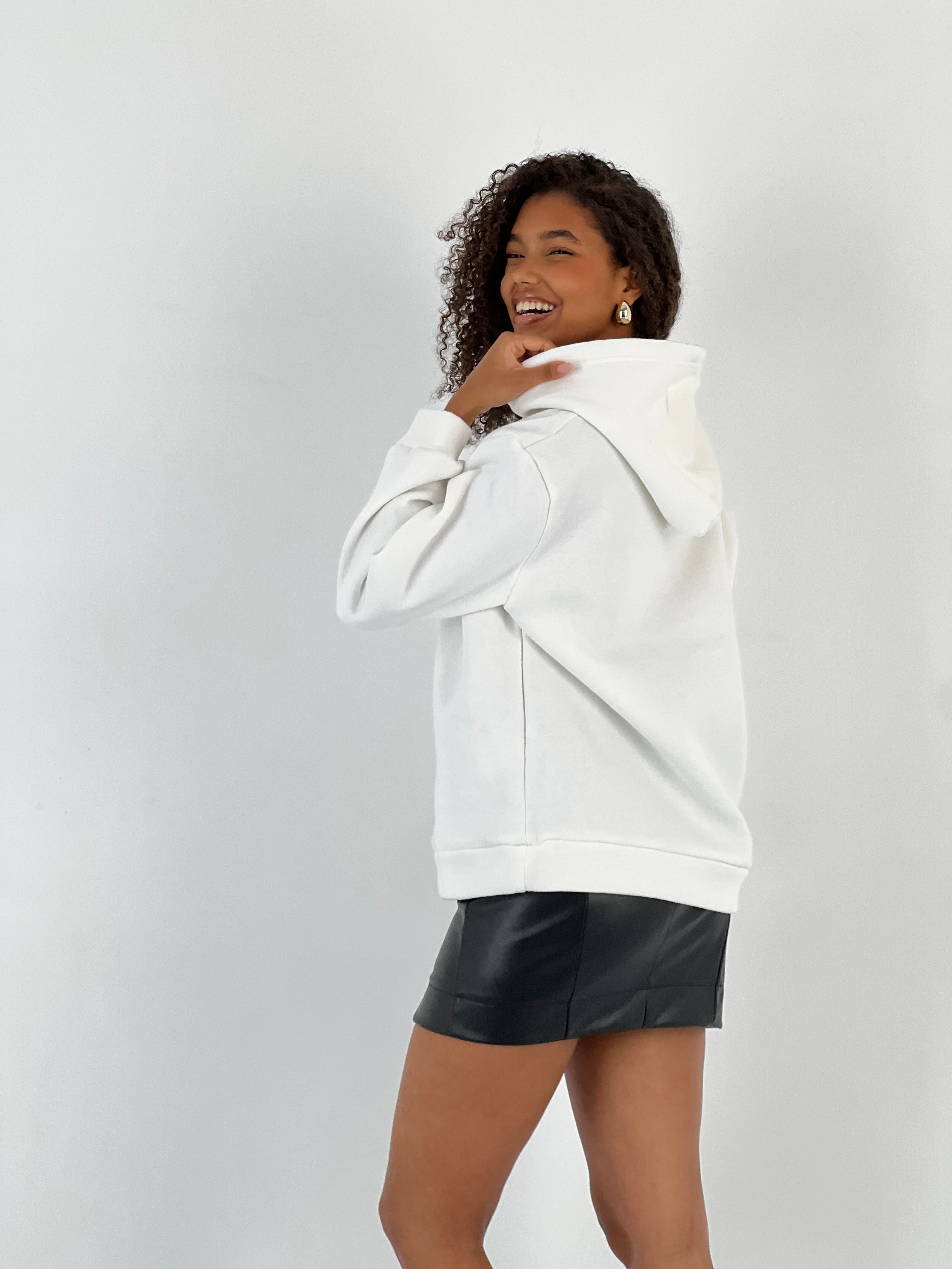 Kadın Oversize Kalın Ekru Kapüşonlu Sweatshirt-17386