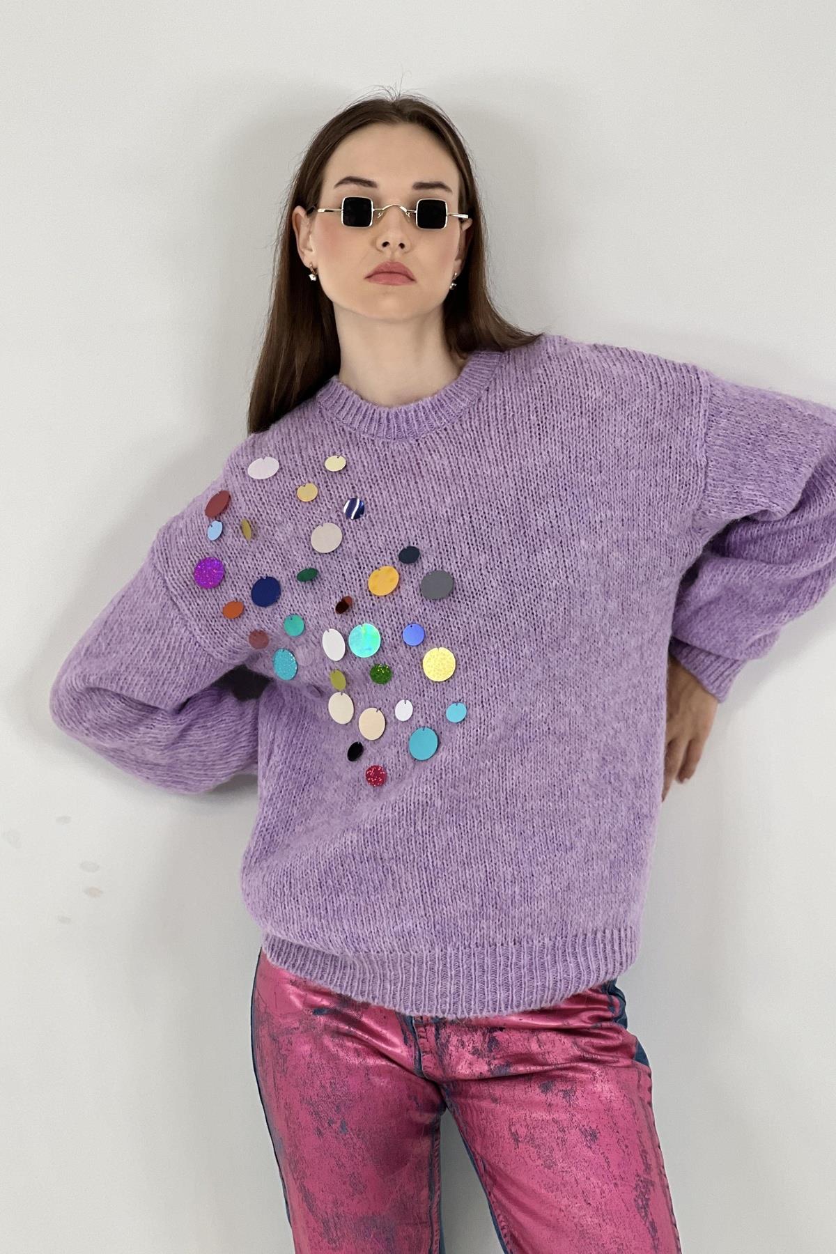 Kadın Oversize Kışlık El İşleme Uzun Lila Triko Kazak-32954-4SM