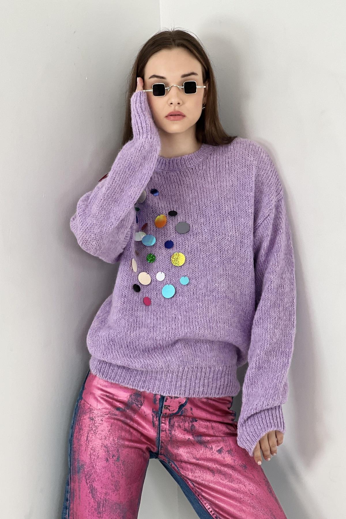 Kadın Oversize Kışlık El İşleme Uzun Lila Triko Kazak-32954-4SM