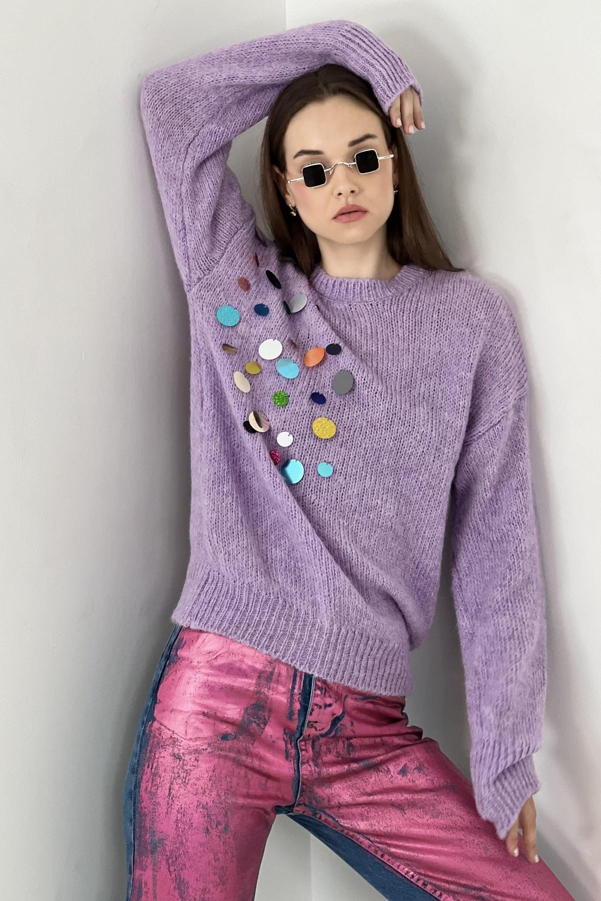 Kadın Oversize Kışlık El İşleme Uzun Lila Triko Kazak-32954-4SM