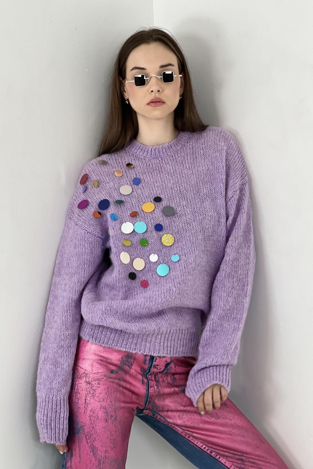 Kadın Oversize Kışlık El İşleme Uzun Lila Triko Kazak-32954-4SM