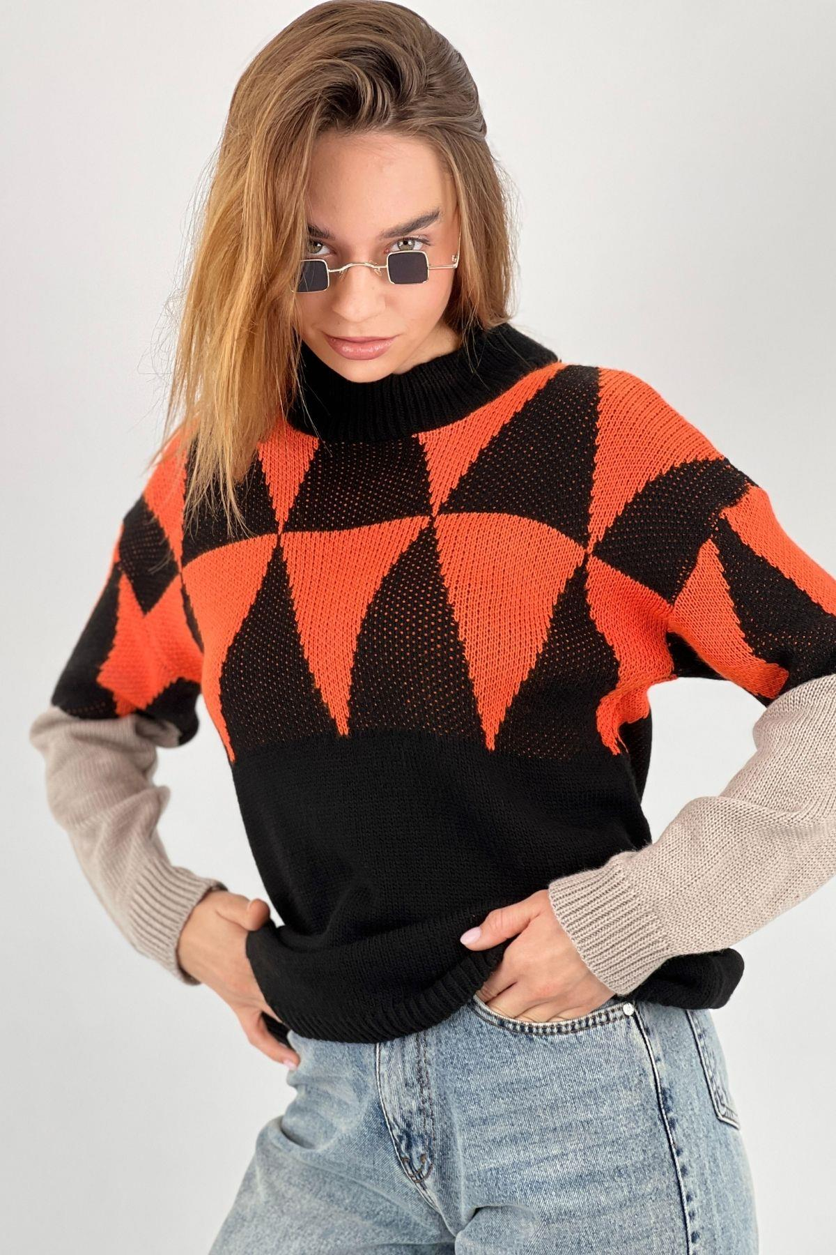 Kadın Oversize Uzun Kollu Kışlık Bol Siyah Triko Kazak-33083SM