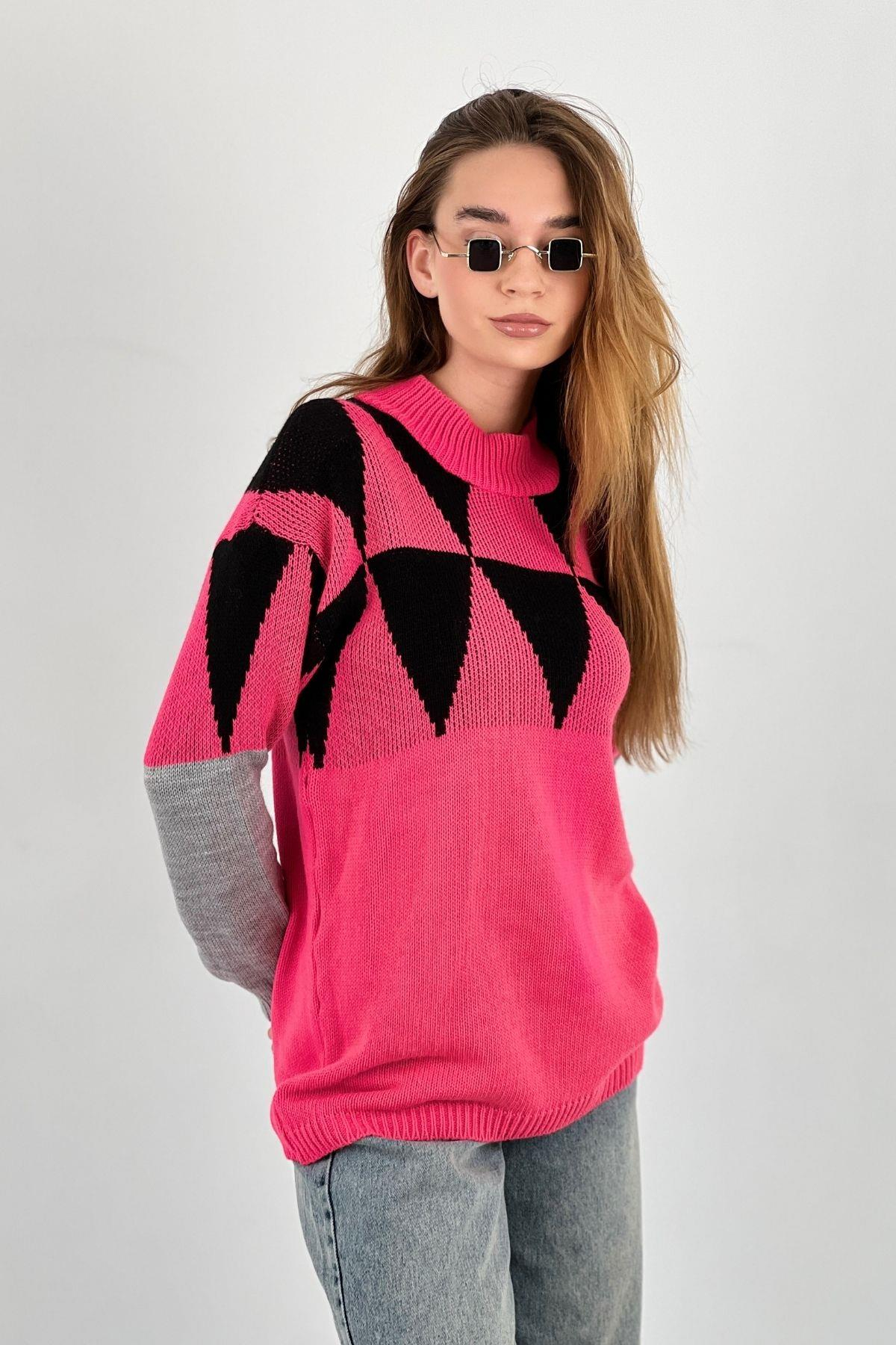 Kadın Oversize Uzun Kollu Kışlık Bol Siyah Triko Kazak-33083SM