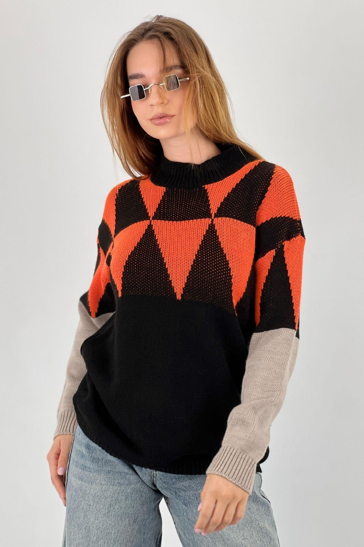 Kadın Oversize Uzun Kollu Kışlık Bol Siyah Triko Kazak-33083SM