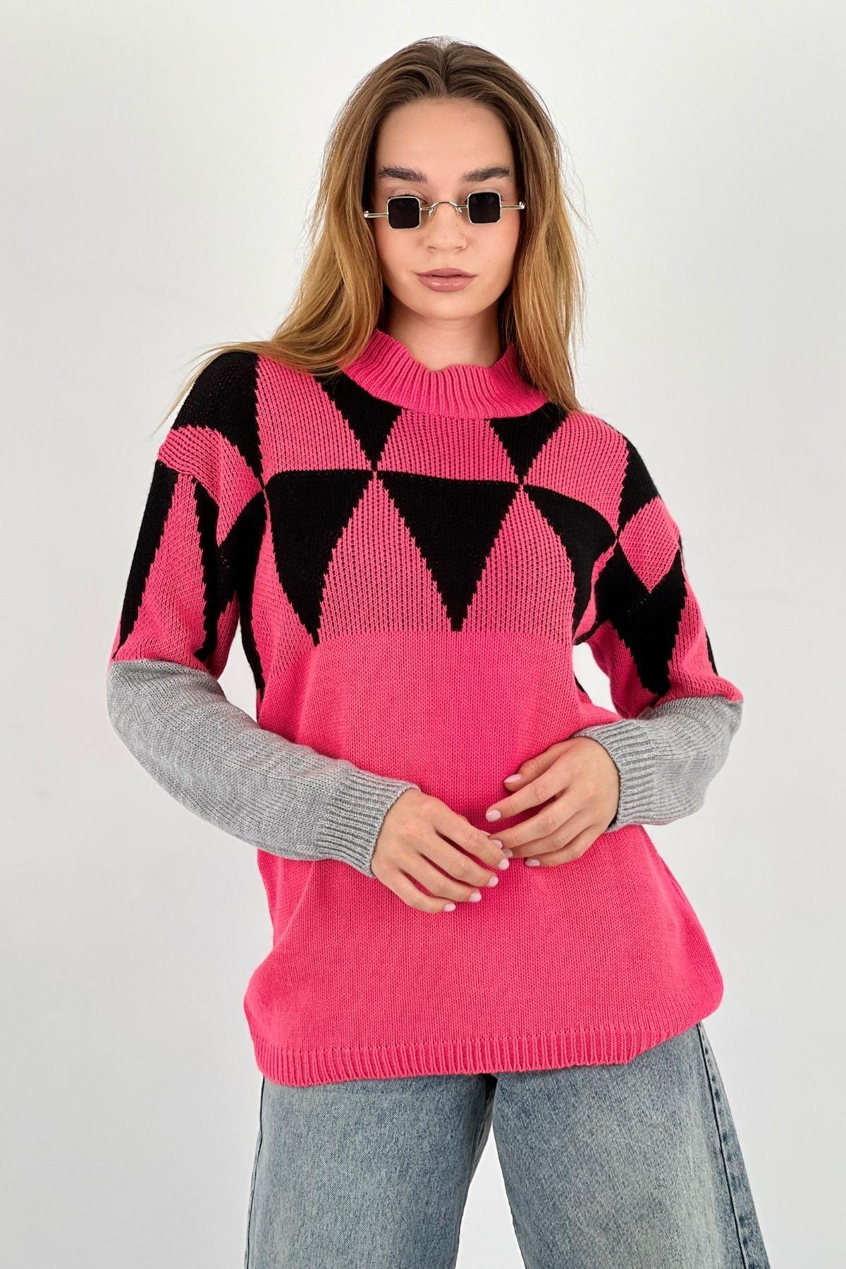 Kadın Oversize Uzun Kollu Kışlık Bol Siyah Triko Kazak-33083SM